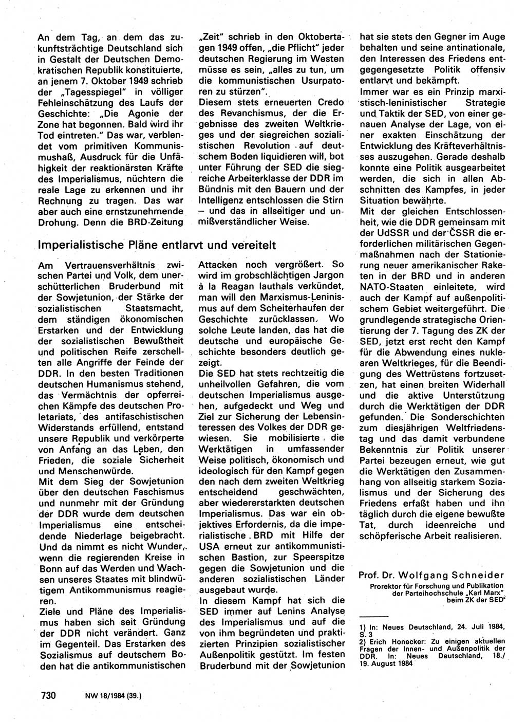 Neuer Weg (NW), Organ des Zentralkomitees (ZK) der SED (Sozialistische Einheitspartei Deutschlands) für Fragen des Parteilebens, 39. Jahrgang [Deutsche Demokratische Republik (DDR)] 1984, Seite 730 (NW ZK SED DDR 1984, S. 730)