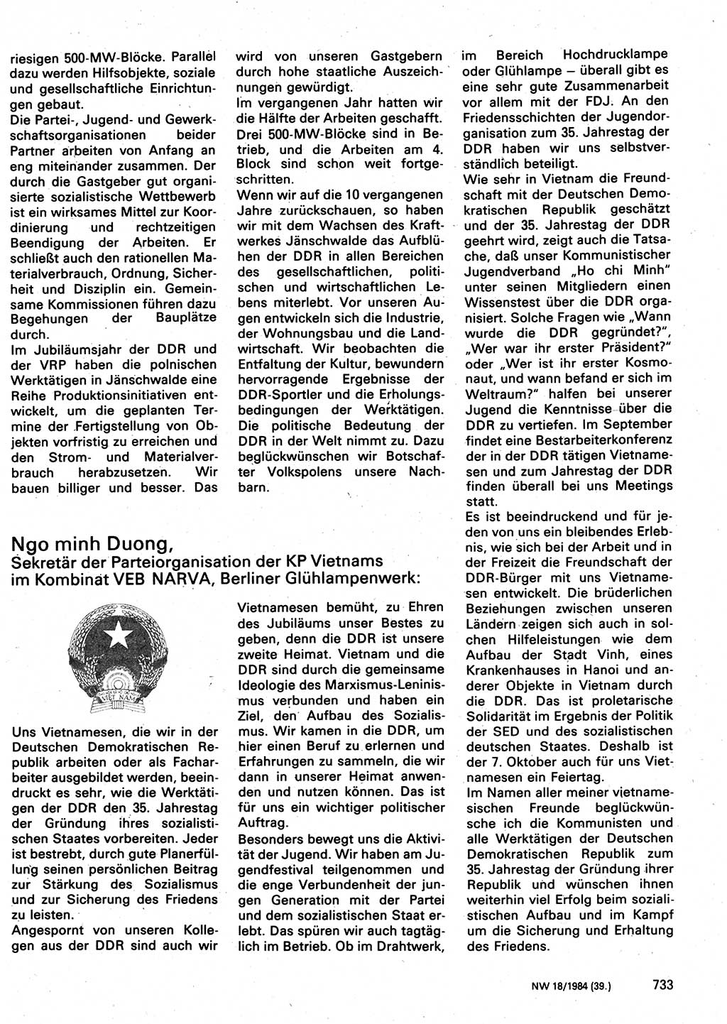 Neuer Weg (NW), Organ des Zentralkomitees (ZK) der SED (Sozialistische Einheitspartei Deutschlands) für Fragen des Parteilebens, 39. Jahrgang [Deutsche Demokratische Republik (DDR)] 1984, Seite 733 (NW ZK SED DDR 1984, S. 733)