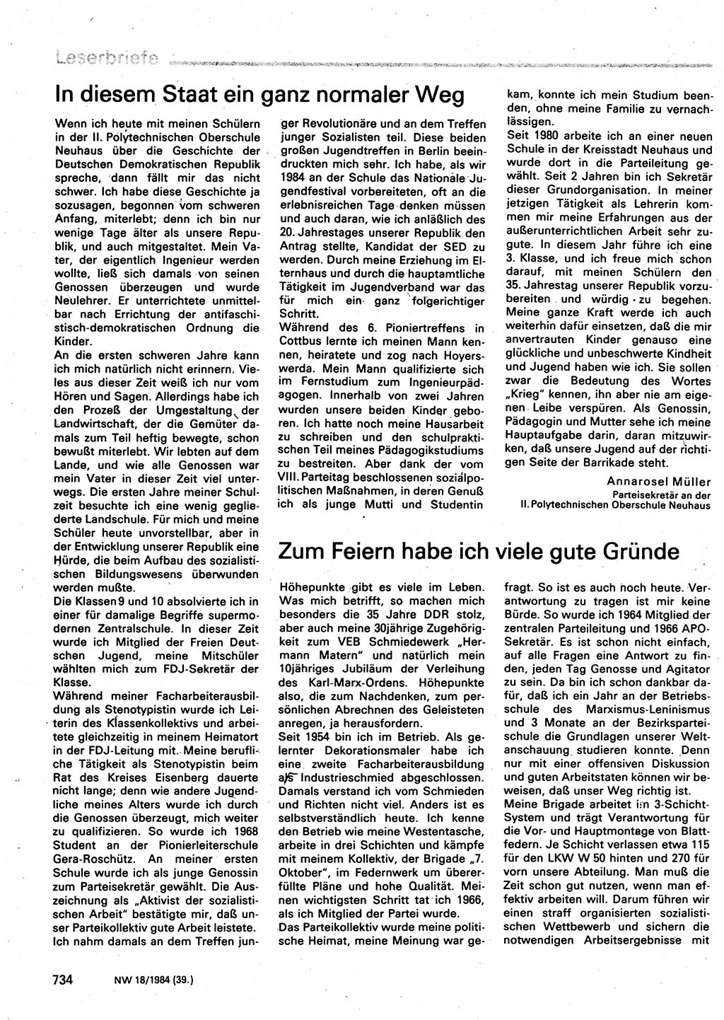 Neuer Weg (NW), Organ des Zentralkomitees (ZK) der SED (Sozialistische Einheitspartei Deutschlands) für Fragen des Parteilebens, 39. Jahrgang [Deutsche Demokratische Republik (DDR)] 1984, Seite 734 (NW ZK SED DDR 1984, S. 734)