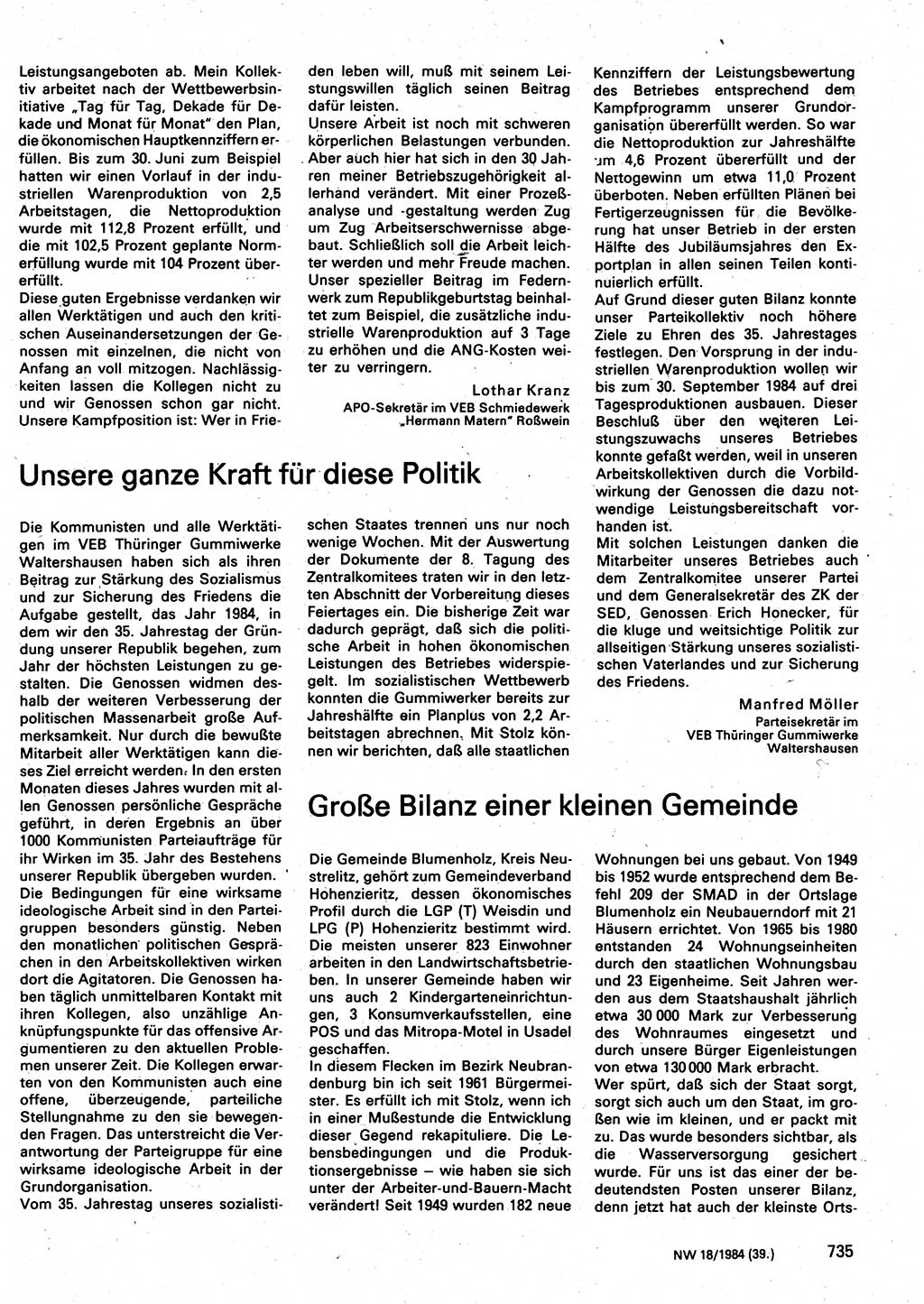 Neuer Weg (NW), Organ des Zentralkomitees (ZK) der SED (Sozialistische Einheitspartei Deutschlands) für Fragen des Parteilebens, 39. Jahrgang [Deutsche Demokratische Republik (DDR)] 1984, Seite 735 (NW ZK SED DDR 1984, S. 735)