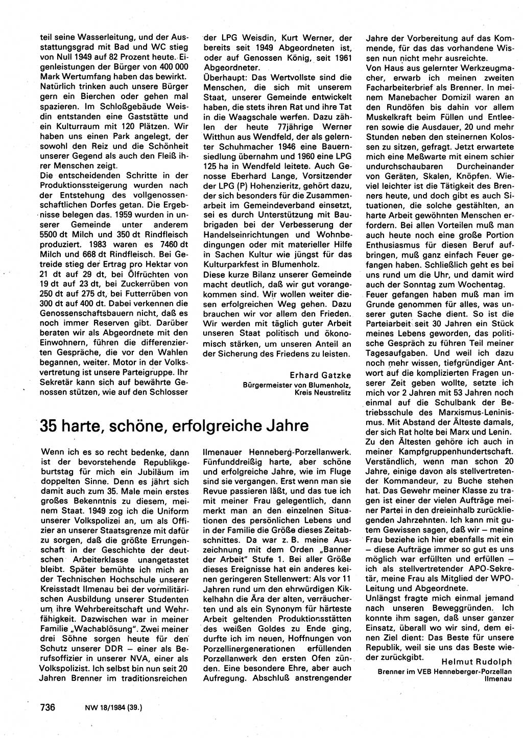 Neuer Weg (NW), Organ des Zentralkomitees (ZK) der SED (Sozialistische Einheitspartei Deutschlands) für Fragen des Parteilebens, 39. Jahrgang [Deutsche Demokratische Republik (DDR)] 1984, Seite 736 (NW ZK SED DDR 1984, S. 736)