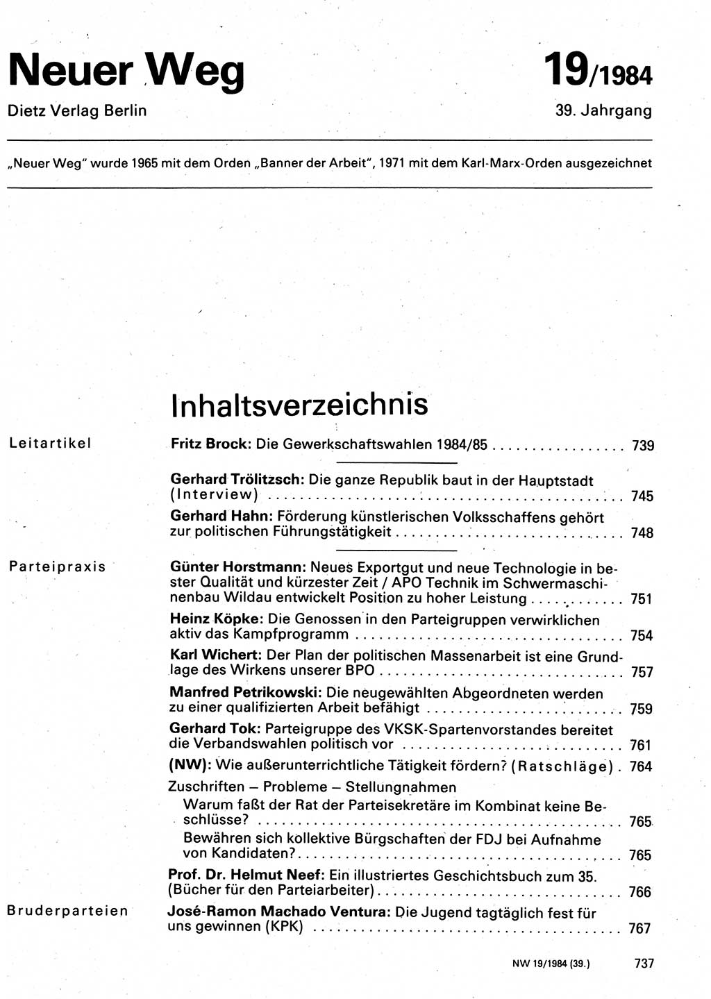 Neuer Weg (NW), Organ des Zentralkomitees (ZK) der SED (Sozialistische Einheitspartei Deutschlands) für Fragen des Parteilebens, 39. Jahrgang [Deutsche Demokratische Republik (DDR)] 1984, Seite 737 (NW ZK SED DDR 1984, S. 737)