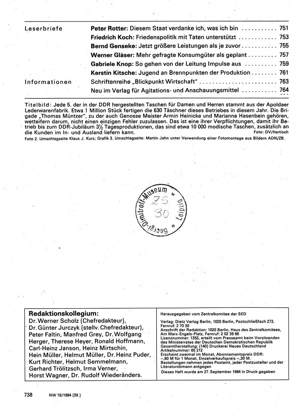 Neuer Weg (NW), Organ des Zentralkomitees (ZK) der SED (Sozialistische Einheitspartei Deutschlands) für Fragen des Parteilebens, 39. Jahrgang [Deutsche Demokratische Republik (DDR)] 1984, Seite 738 (NW ZK SED DDR 1984, S. 738)