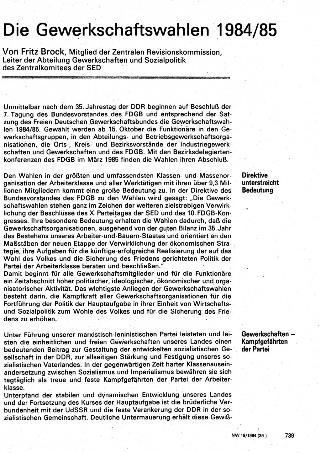 Neuer Weg (NW), Organ des Zentralkomitees (ZK) der SED (Sozialistische Einheitspartei Deutschlands) für Fragen des Parteilebens, 39. Jahrgang [Deutsche Demokratische Republik (DDR)] 1984, Seite 739 (NW ZK SED DDR 1984, S. 739)