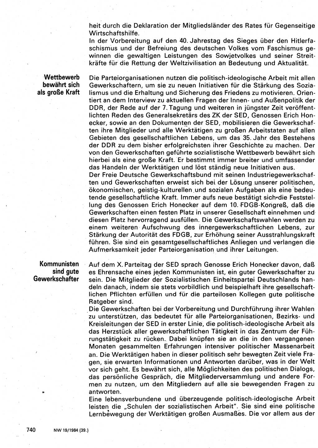 Neuer Weg (NW), Organ des Zentralkomitees (ZK) der SED (Sozialistische Einheitspartei Deutschlands) für Fragen des Parteilebens, 39. Jahrgang [Deutsche Demokratische Republik (DDR)] 1984, Seite 740 (NW ZK SED DDR 1984, S. 740)