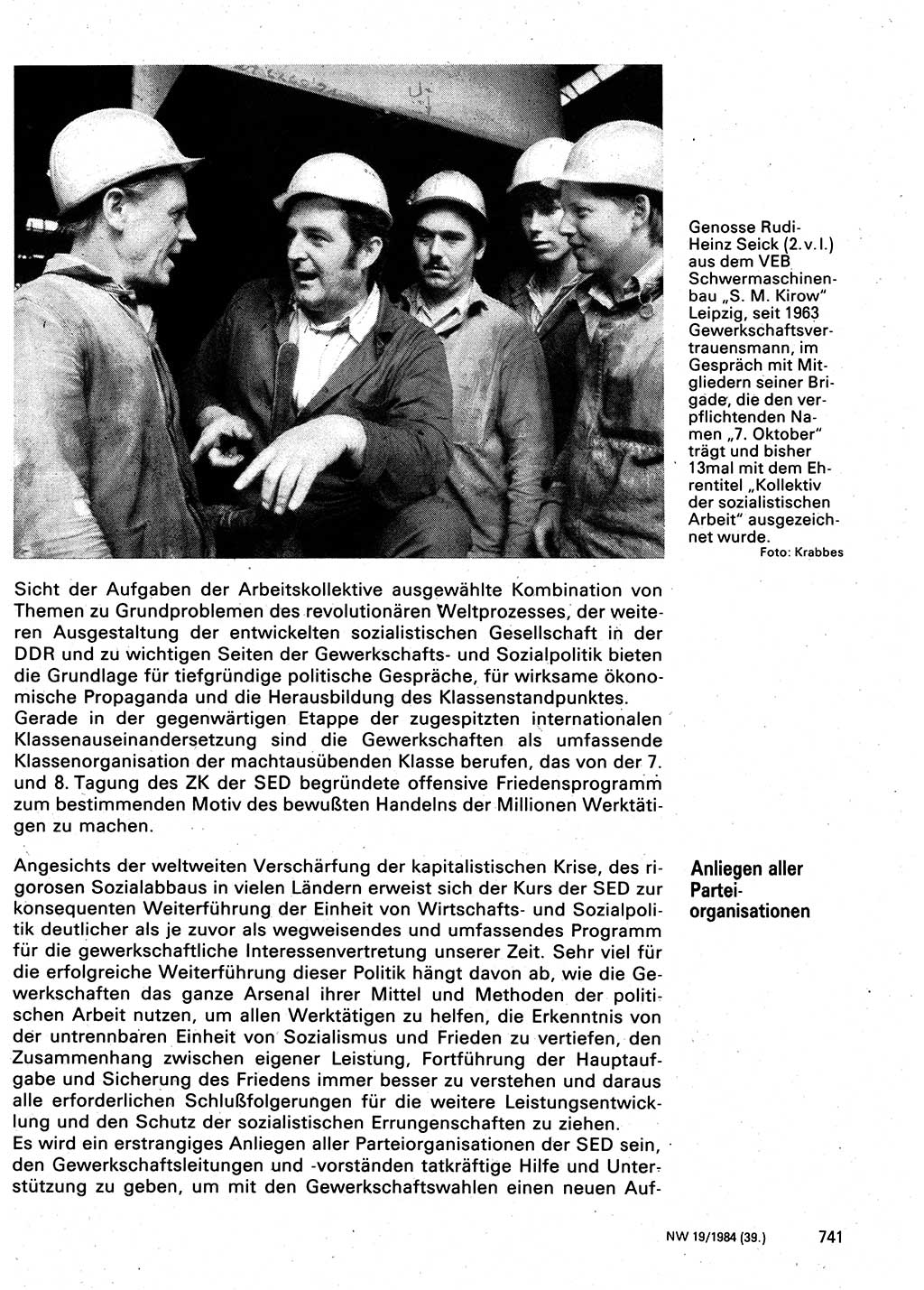 Neuer Weg (NW), Organ des Zentralkomitees (ZK) der SED (Sozialistische Einheitspartei Deutschlands) für Fragen des Parteilebens, 39. Jahrgang [Deutsche Demokratische Republik (DDR)] 1984, Seite 741 (NW ZK SED DDR 1984, S. 741)