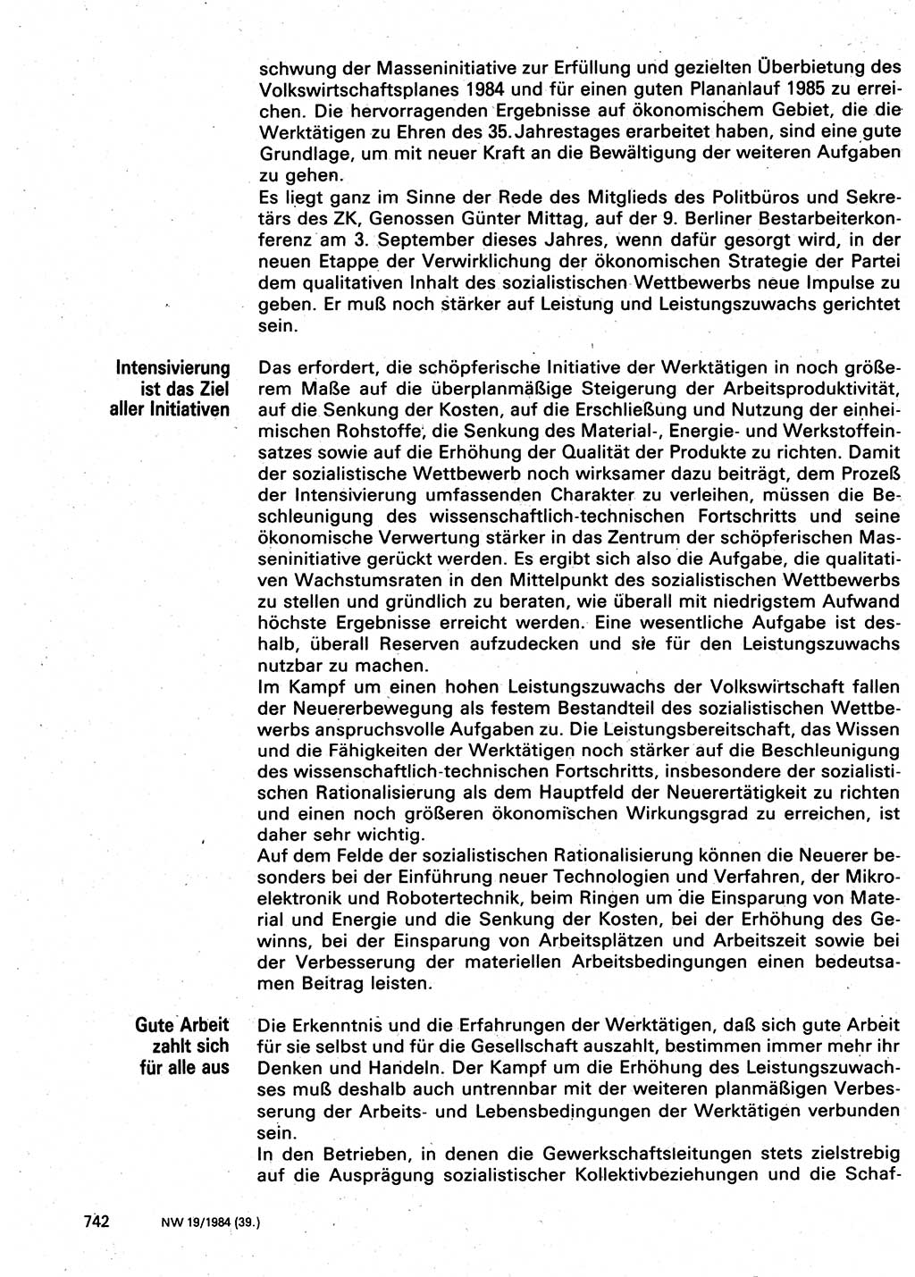 Neuer Weg (NW), Organ des Zentralkomitees (ZK) der SED (Sozialistische Einheitspartei Deutschlands) für Fragen des Parteilebens, 39. Jahrgang [Deutsche Demokratische Republik (DDR)] 1984, Seite 742 (NW ZK SED DDR 1984, S. 742)