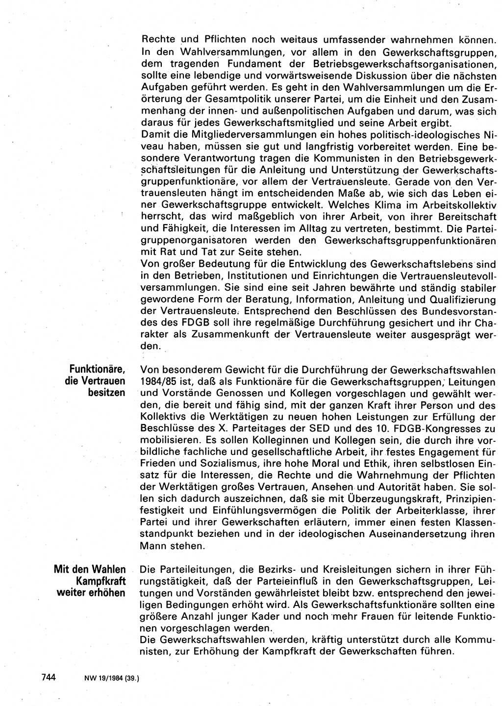 Neuer Weg (NW), Organ des Zentralkomitees (ZK) der SED (Sozialistische Einheitspartei Deutschlands) für Fragen des Parteilebens, 39. Jahrgang [Deutsche Demokratische Republik (DDR)] 1984, Seite 744 (NW ZK SED DDR 1984, S. 744)