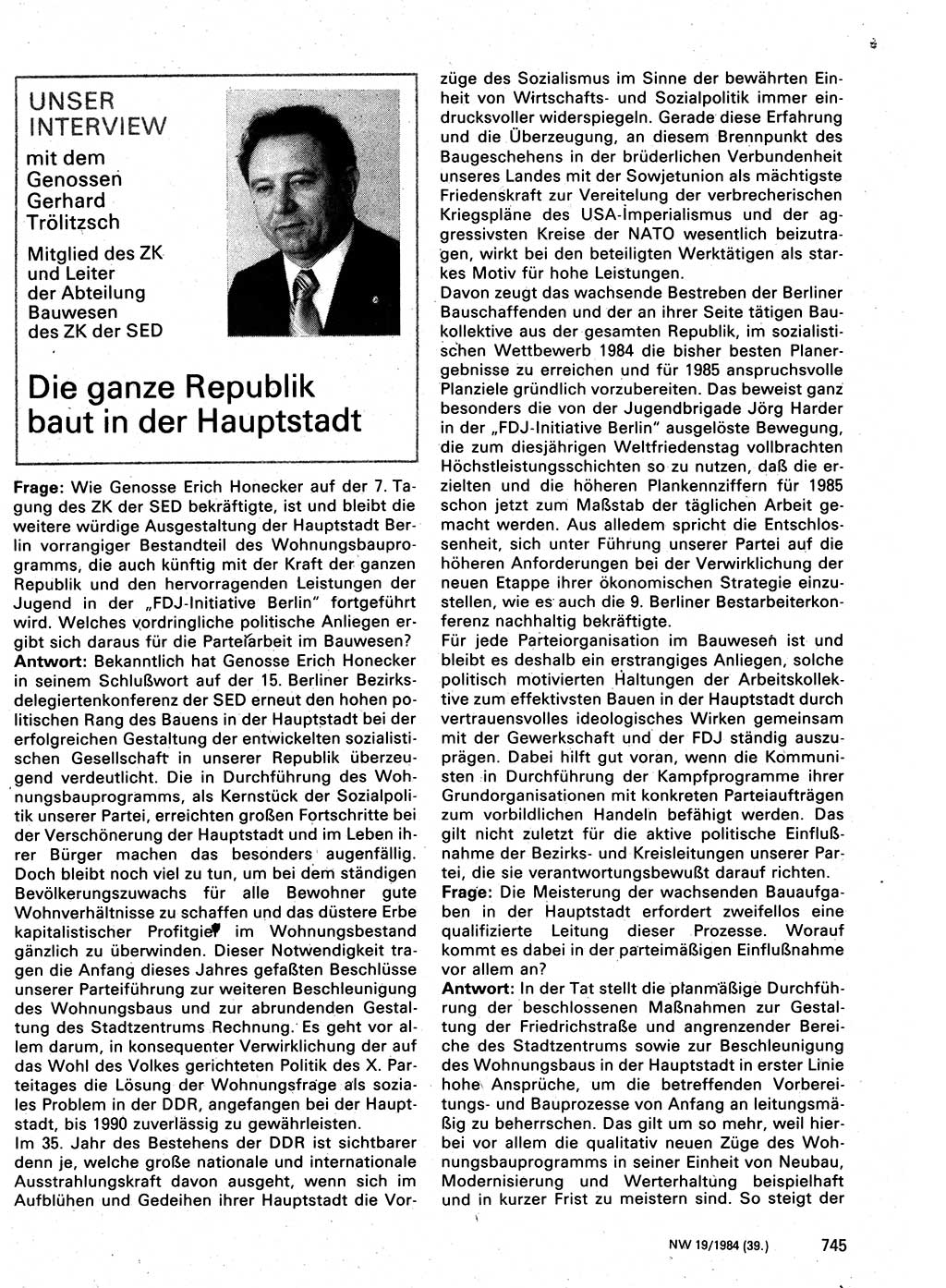 Neuer Weg (NW), Organ des Zentralkomitees (ZK) der SED (Sozialistische Einheitspartei Deutschlands) für Fragen des Parteilebens, 39. Jahrgang [Deutsche Demokratische Republik (DDR)] 1984, Seite 745 (NW ZK SED DDR 1984, S. 745)