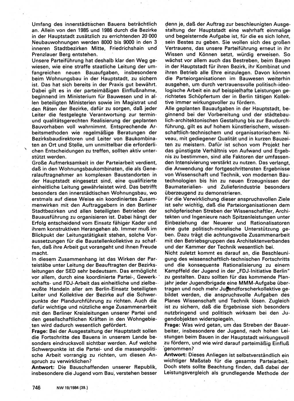 Neuer Weg (NW), Organ des Zentralkomitees (ZK) der SED (Sozialistische Einheitspartei Deutschlands) für Fragen des Parteilebens, 39. Jahrgang [Deutsche Demokratische Republik (DDR)] 1984, Seite 746 (NW ZK SED DDR 1984, S. 746)
