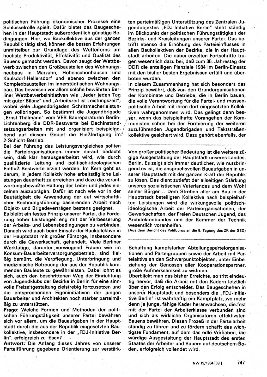 Neuer Weg (NW), Organ des Zentralkomitees (ZK) der SED (Sozialistische Einheitspartei Deutschlands) für Fragen des Parteilebens, 39. Jahrgang [Deutsche Demokratische Republik (DDR)] 1984, Seite 747 (NW ZK SED DDR 1984, S. 747)