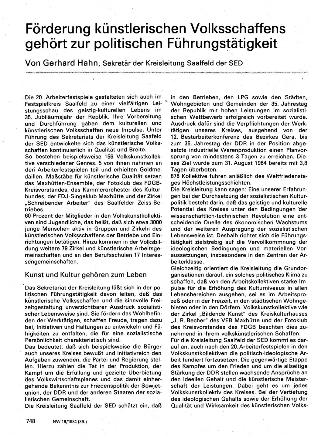 Neuer Weg (NW), Organ des Zentralkomitees (ZK) der SED (Sozialistische Einheitspartei Deutschlands) für Fragen des Parteilebens, 39. Jahrgang [Deutsche Demokratische Republik (DDR)] 1984, Seite 748 (NW ZK SED DDR 1984, S. 748)