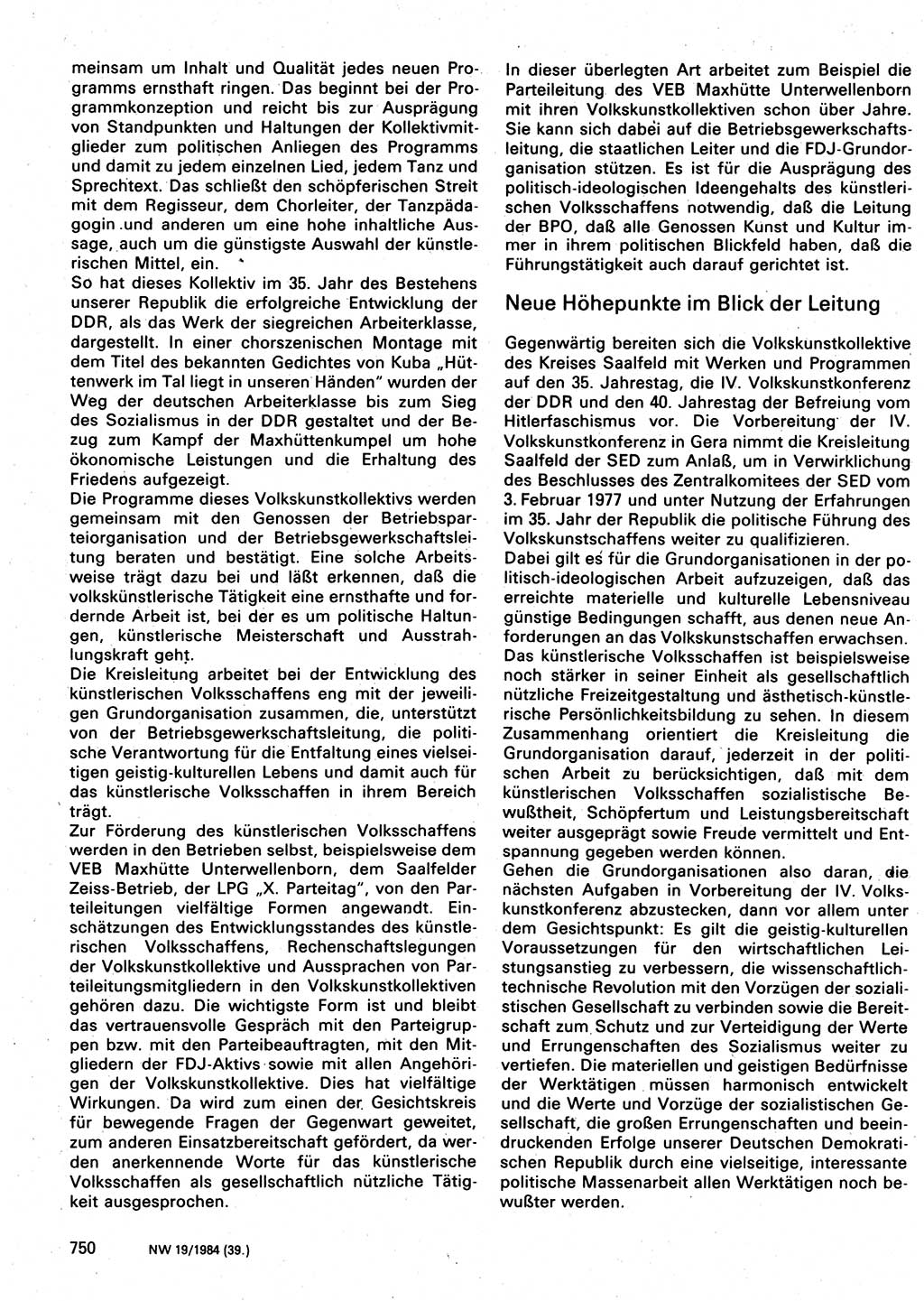 Neuer Weg (NW), Organ des Zentralkomitees (ZK) der SED (Sozialistische Einheitspartei Deutschlands) für Fragen des Parteilebens, 39. Jahrgang [Deutsche Demokratische Republik (DDR)] 1984, Seite 750 (NW ZK SED DDR 1984, S. 750)