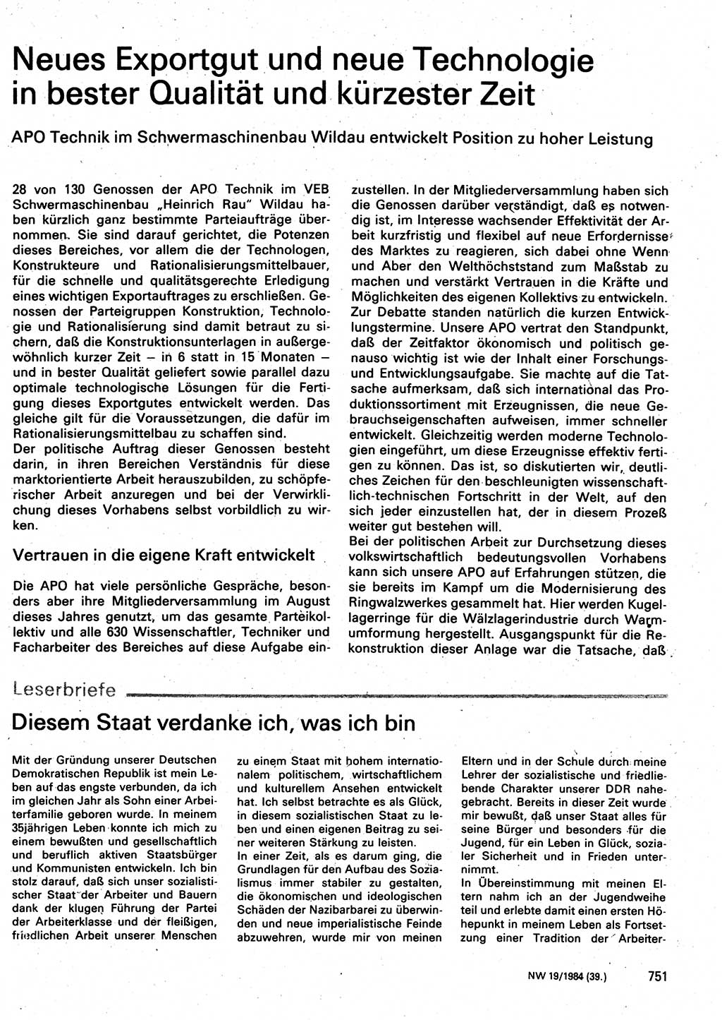 Neuer Weg (NW), Organ des Zentralkomitees (ZK) der SED (Sozialistische Einheitspartei Deutschlands) für Fragen des Parteilebens, 39. Jahrgang [Deutsche Demokratische Republik (DDR)] 1984, Seite 751 (NW ZK SED DDR 1984, S. 751)