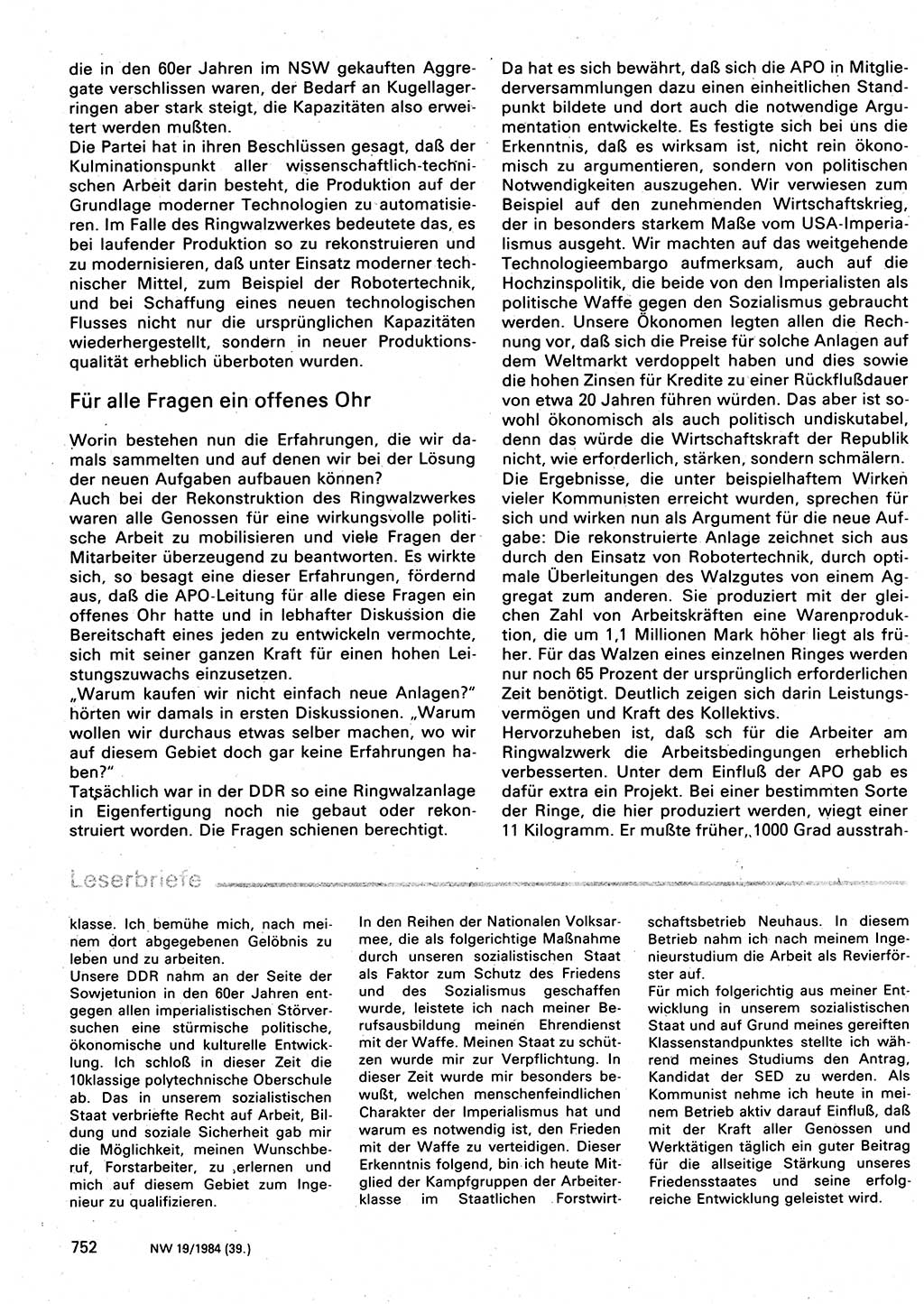 Neuer Weg (NW), Organ des Zentralkomitees (ZK) der SED (Sozialistische Einheitspartei Deutschlands) für Fragen des Parteilebens, 39. Jahrgang [Deutsche Demokratische Republik (DDR)] 1984, Seite 752 (NW ZK SED DDR 1984, S. 752)