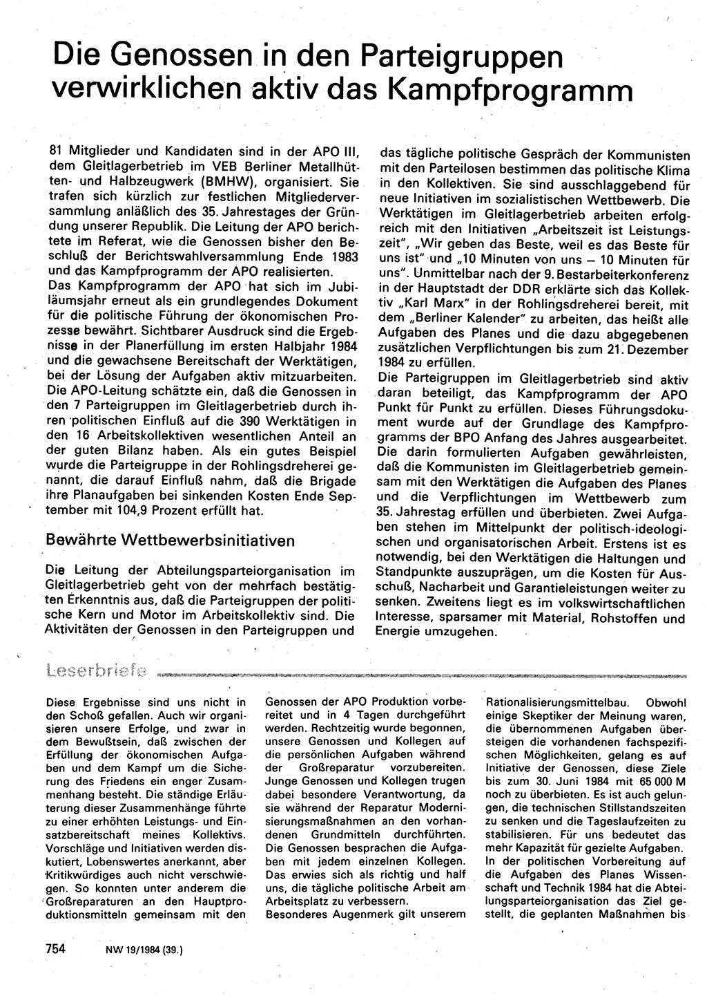 Neuer Weg (NW), Organ des Zentralkomitees (ZK) der SED (Sozialistische Einheitspartei Deutschlands) für Fragen des Parteilebens, 39. Jahrgang [Deutsche Demokratische Republik (DDR)] 1984, Seite 754 (NW ZK SED DDR 1984, S. 754)