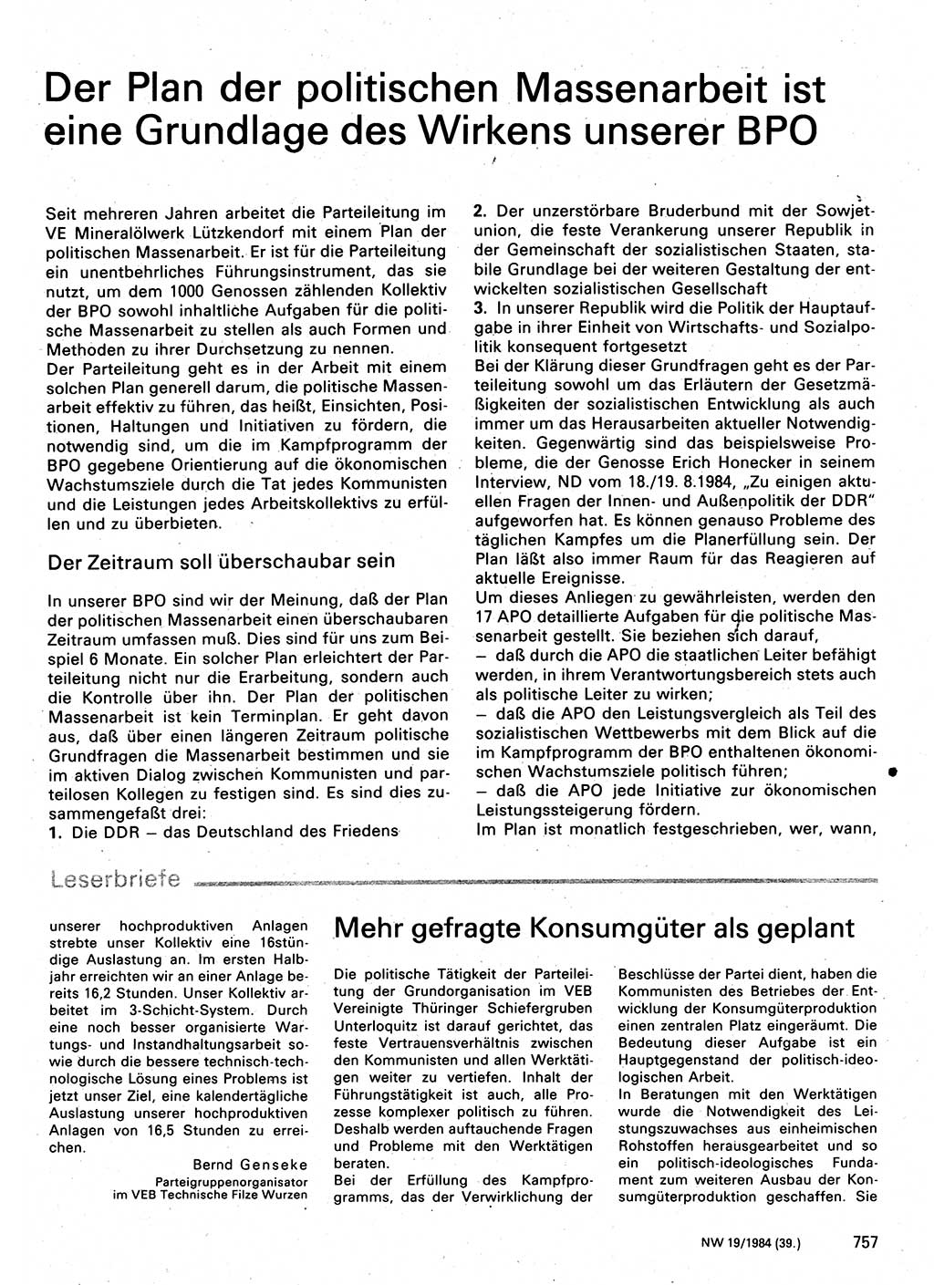 Neuer Weg (NW), Organ des Zentralkomitees (ZK) der SED (Sozialistische Einheitspartei Deutschlands) für Fragen des Parteilebens, 39. Jahrgang [Deutsche Demokratische Republik (DDR)] 1984, Seite 757 (NW ZK SED DDR 1984, S. 757)