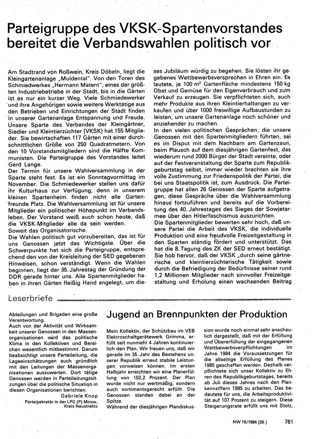 Neuer Weg (NW), Organ des Zentralkomitees (ZK) der SED (Sozialistische Einheitspartei Deutschlands) für Fragen des Parteilebens, 39. Jahrgang [Deutsche Demokratische Republik (DDR)] 1984, Seite 761 (NW ZK SED DDR 1984, S. 761)