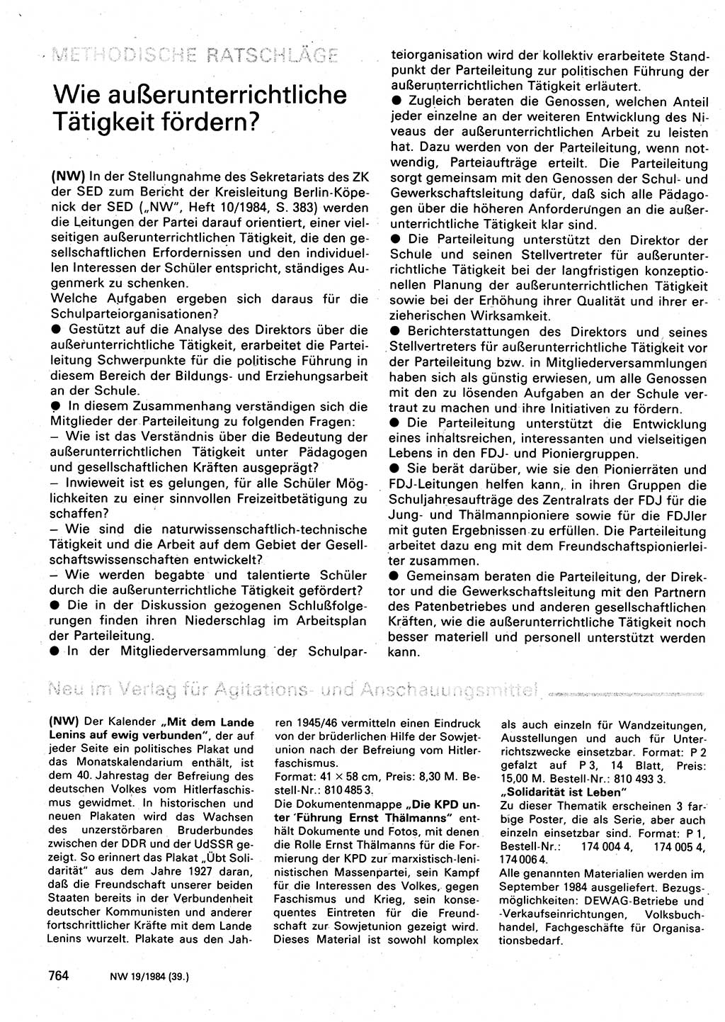 Neuer Weg (NW), Organ des Zentralkomitees (ZK) der SED (Sozialistische Einheitspartei Deutschlands) für Fragen des Parteilebens, 39. Jahrgang [Deutsche Demokratische Republik (DDR)] 1984, Seite 764 (NW ZK SED DDR 1984, S. 764)