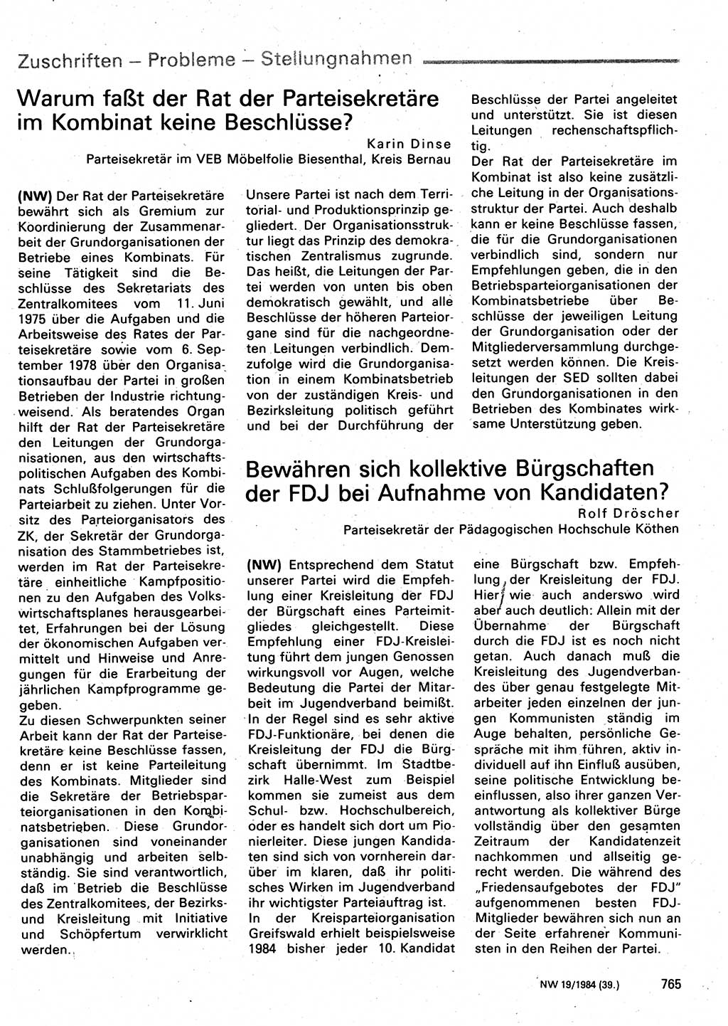 Neuer Weg (NW), Organ des Zentralkomitees (ZK) der SED (Sozialistische Einheitspartei Deutschlands) für Fragen des Parteilebens, 39. Jahrgang [Deutsche Demokratische Republik (DDR)] 1984, Seite 765 (NW ZK SED DDR 1984, S. 765)