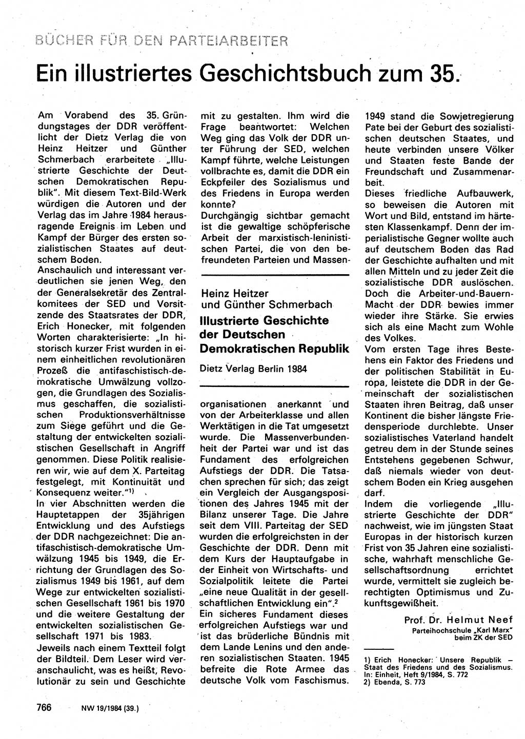 Neuer Weg (NW), Organ des Zentralkomitees (ZK) der SED (Sozialistische Einheitspartei Deutschlands) für Fragen des Parteilebens, 39. Jahrgang [Deutsche Demokratische Republik (DDR)] 1984, Seite 766 (NW ZK SED DDR 1984, S. 766)