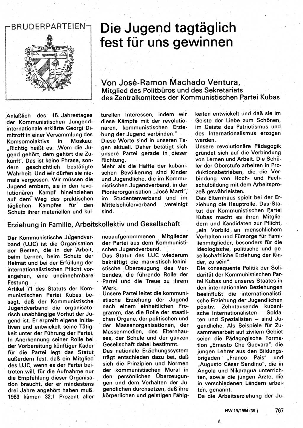 Neuer Weg (NW), Organ des Zentralkomitees (ZK) der SED (Sozialistische Einheitspartei Deutschlands) für Fragen des Parteilebens, 39. Jahrgang [Deutsche Demokratische Republik (DDR)] 1984, Seite 767 (NW ZK SED DDR 1984, S. 767)