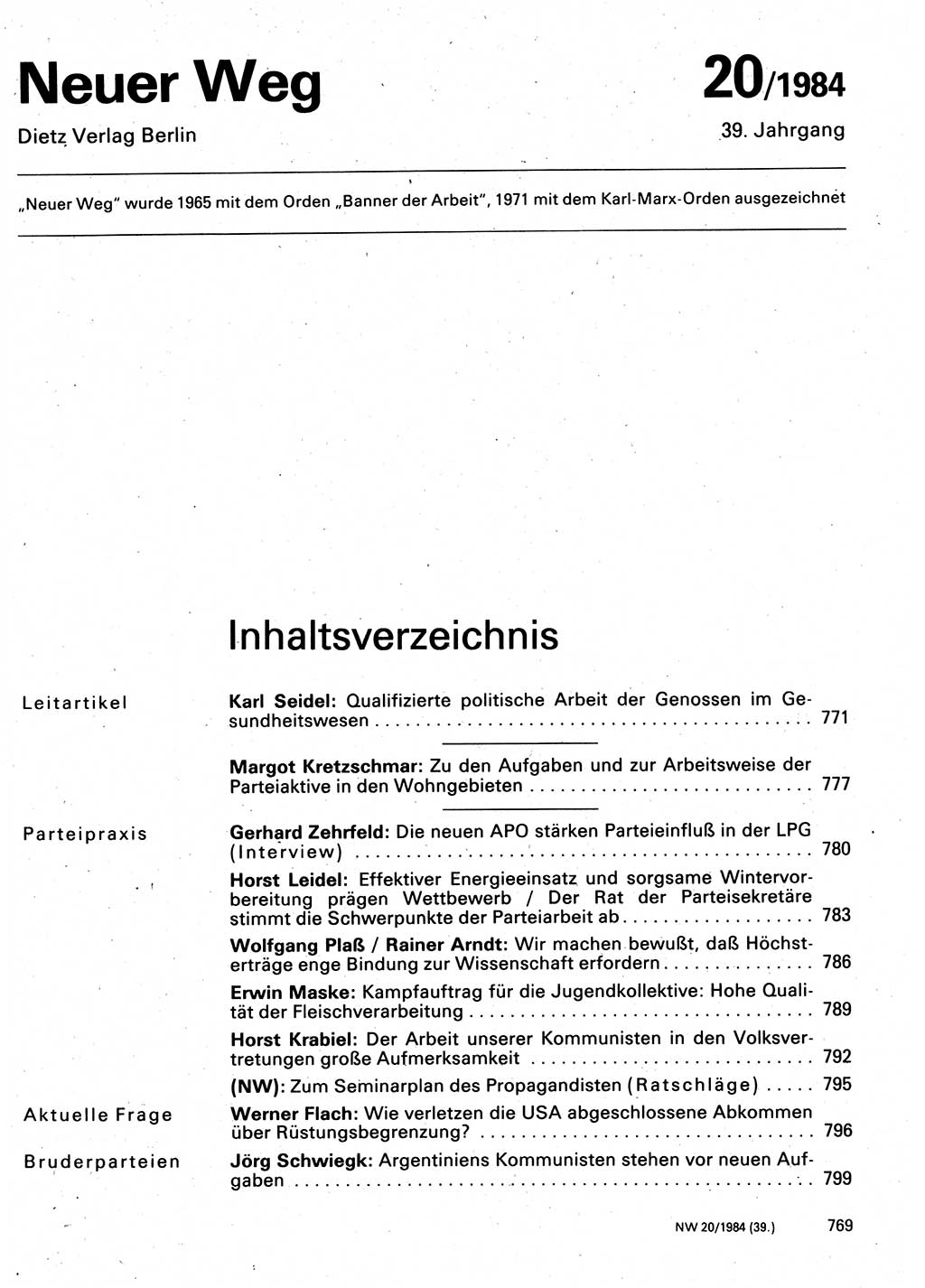 Neuer Weg (NW), Organ des Zentralkomitees (ZK) der SED (Sozialistische Einheitspartei Deutschlands) für Fragen des Parteilebens, 39. Jahrgang [Deutsche Demokratische Republik (DDR)] 1984, Seite 769 (NW ZK SED DDR 1984, S. 769)