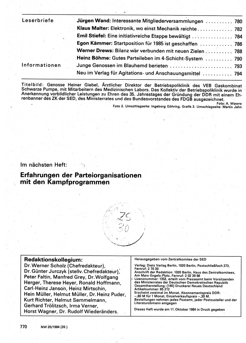 Neuer Weg (NW), Organ des Zentralkomitees (ZK) der SED (Sozialistische Einheitspartei Deutschlands) für Fragen des Parteilebens, 39. Jahrgang [Deutsche Demokratische Republik (DDR)] 1984, Seite 770 (NW ZK SED DDR 1984, S. 770)