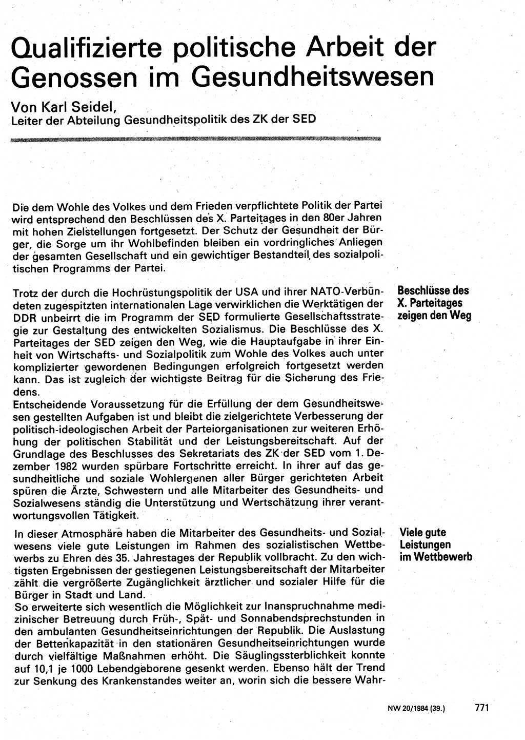 Neuer Weg (NW), Organ des Zentralkomitees (ZK) der SED (Sozialistische Einheitspartei Deutschlands) für Fragen des Parteilebens, 39. Jahrgang [Deutsche Demokratische Republik (DDR)] 1984, Seite 771 (NW ZK SED DDR 1984, S. 771)