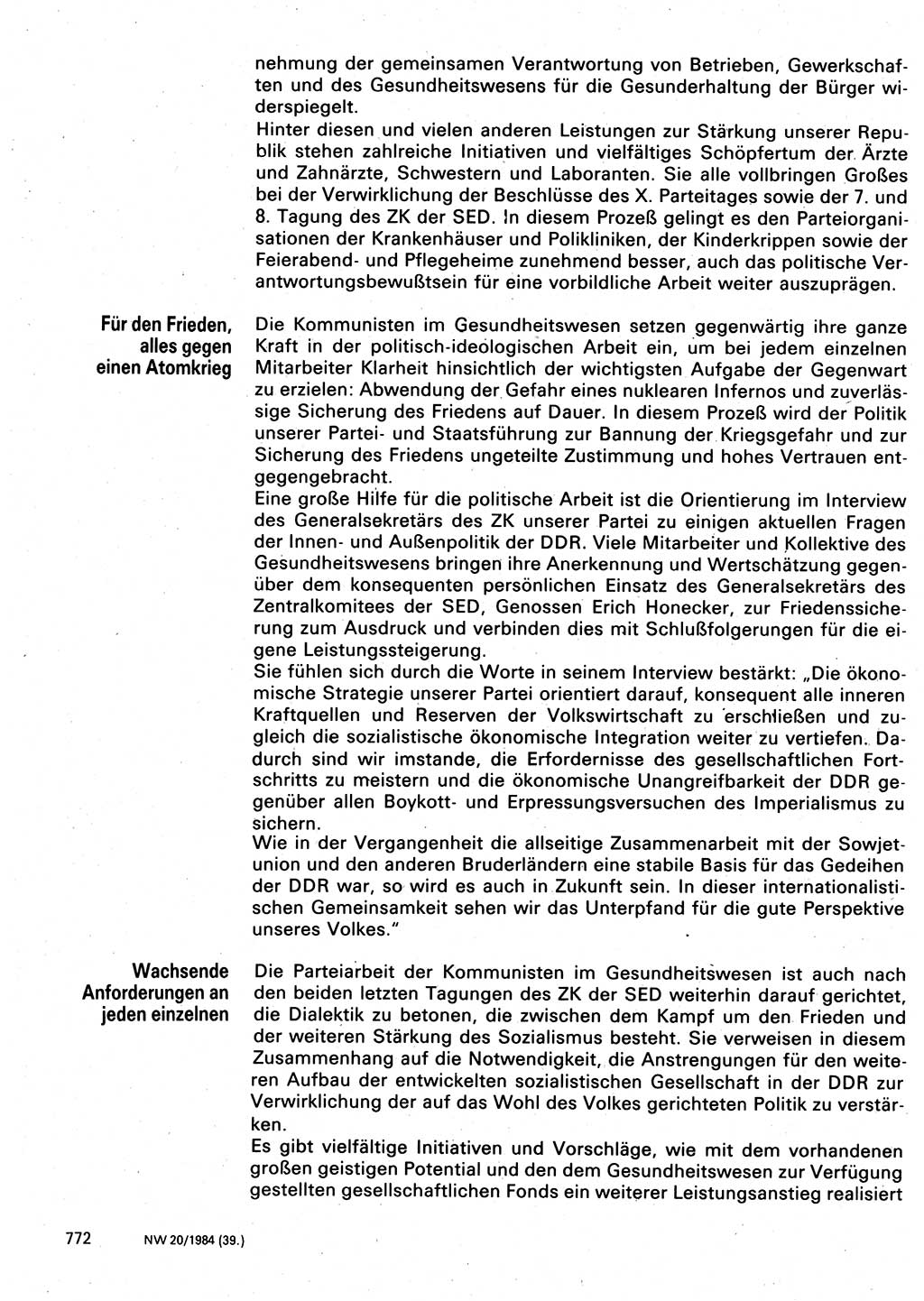 Neuer Weg (NW), Organ des Zentralkomitees (ZK) der SED (Sozialistische Einheitspartei Deutschlands) für Fragen des Parteilebens, 39. Jahrgang [Deutsche Demokratische Republik (DDR)] 1984, Seite 772 (NW ZK SED DDR 1984, S. 772)