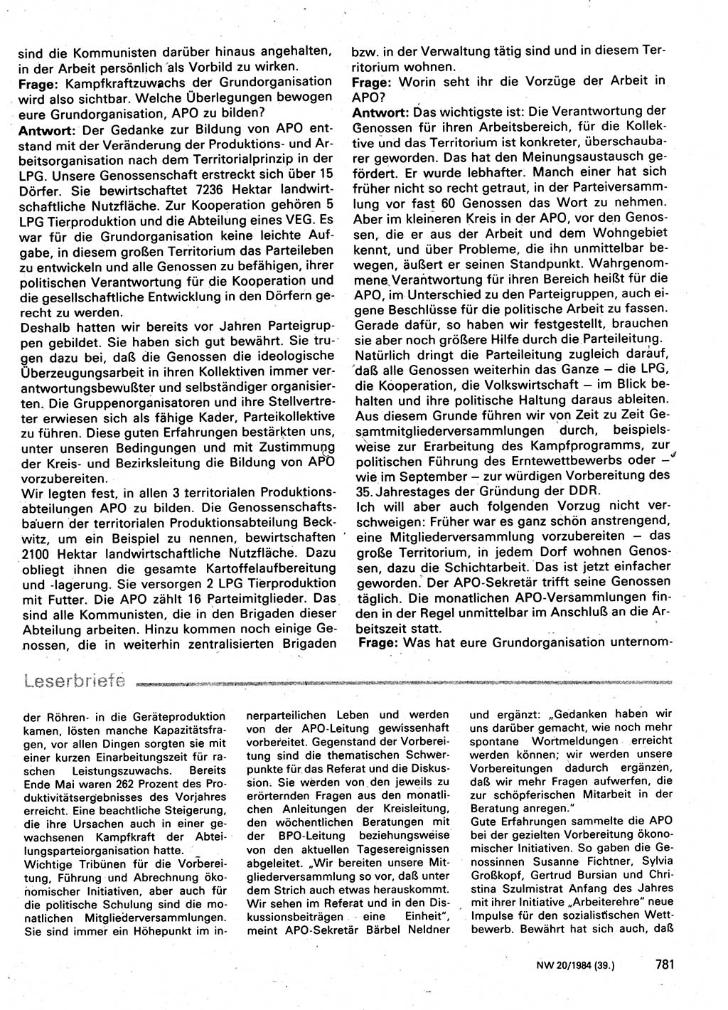 Neuer Weg (NW), Organ des Zentralkomitees (ZK) der SED (Sozialistische Einheitspartei Deutschlands) für Fragen des Parteilebens, 39. Jahrgang [Deutsche Demokratische Republik (DDR)] 1984, Seite 781 (NW ZK SED DDR 1984, S. 781)