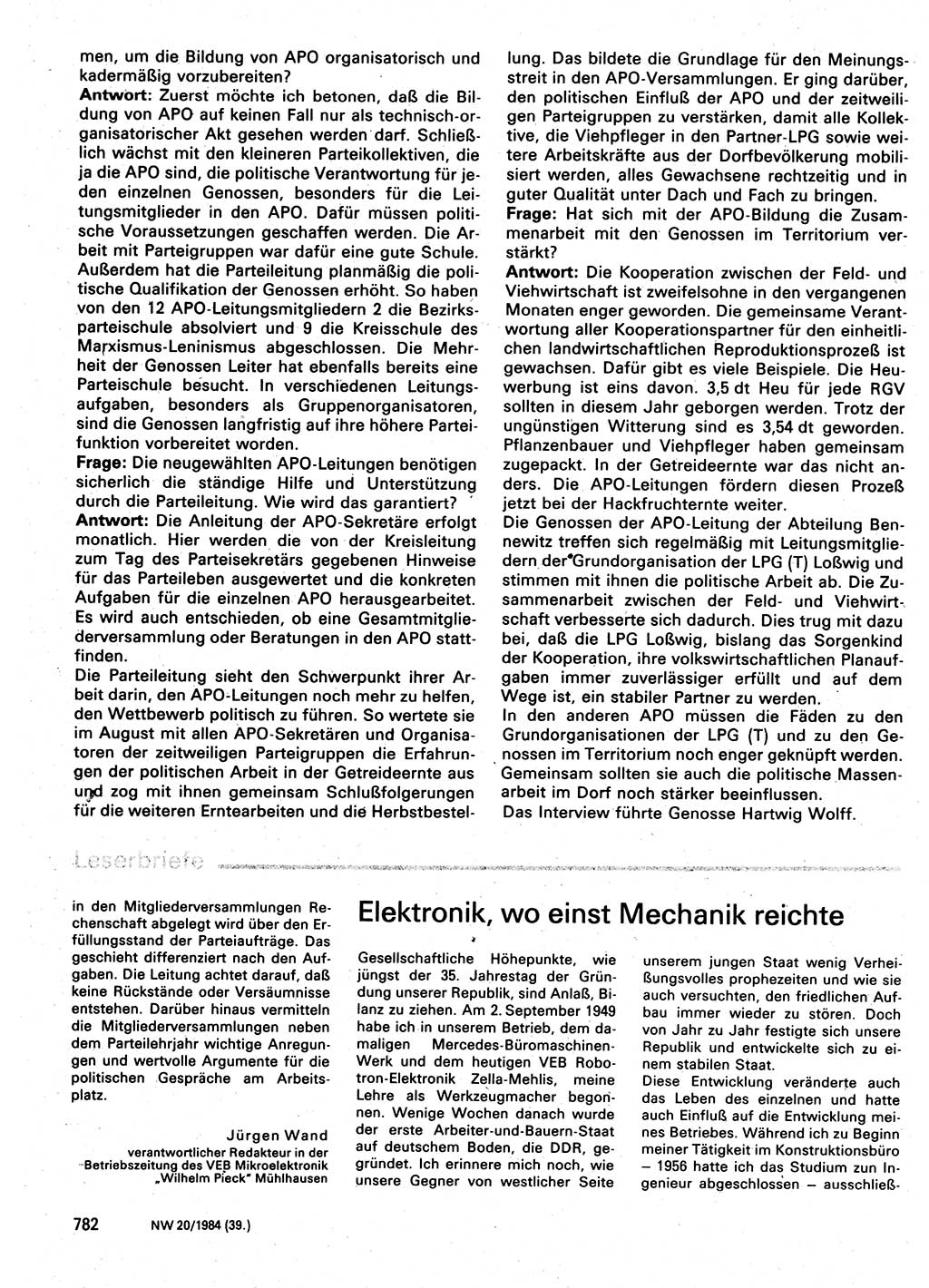Neuer Weg (NW), Organ des Zentralkomitees (ZK) der SED (Sozialistische Einheitspartei Deutschlands) für Fragen des Parteilebens, 39. Jahrgang [Deutsche Demokratische Republik (DDR)] 1984, Seite 782 (NW ZK SED DDR 1984, S. 782)