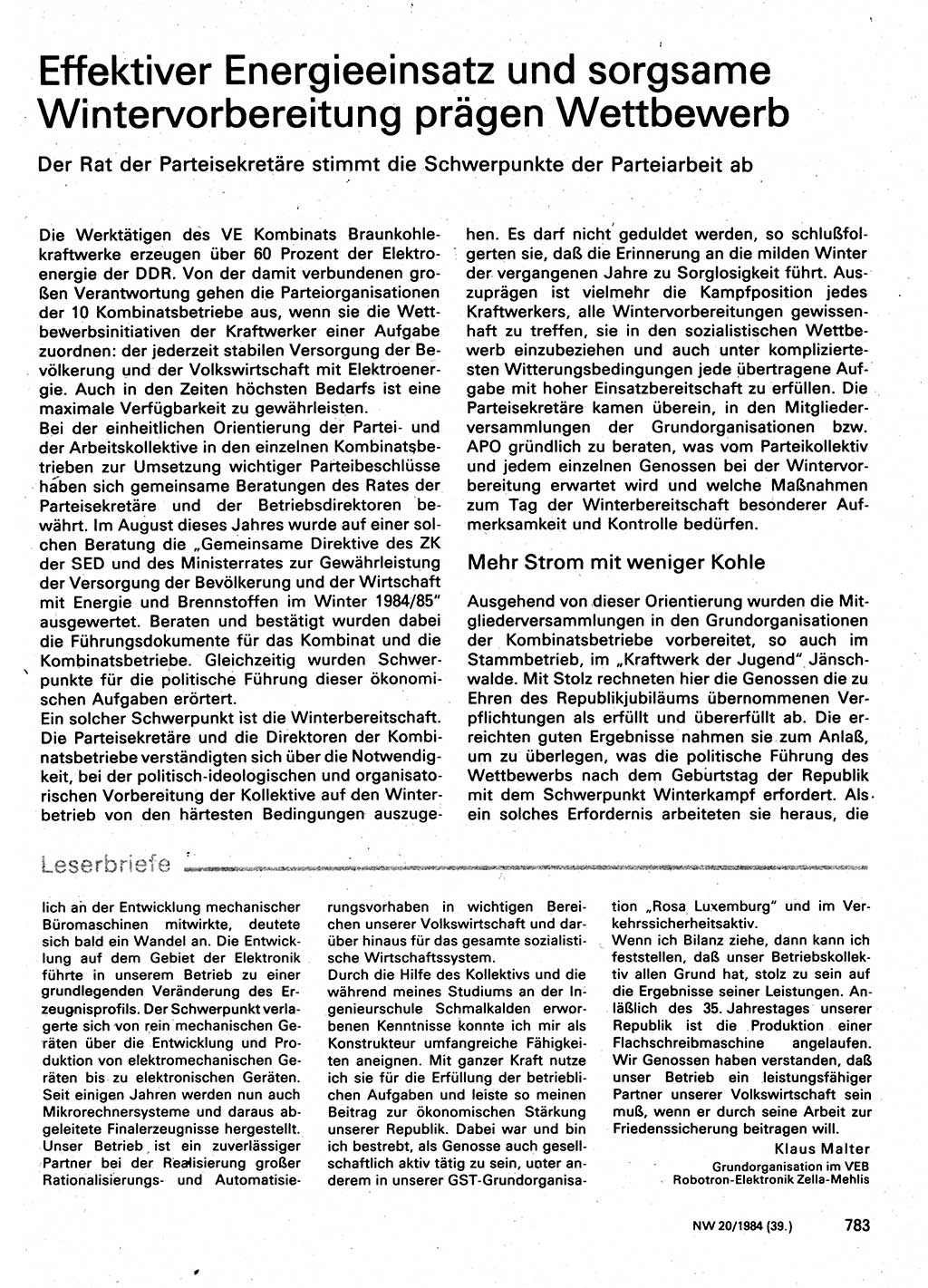 Neuer Weg (NW), Organ des Zentralkomitees (ZK) der SED (Sozialistische Einheitspartei Deutschlands) für Fragen des Parteilebens, 39. Jahrgang [Deutsche Demokratische Republik (DDR)] 1984, Seite 783 (NW ZK SED DDR 1984, S. 783)