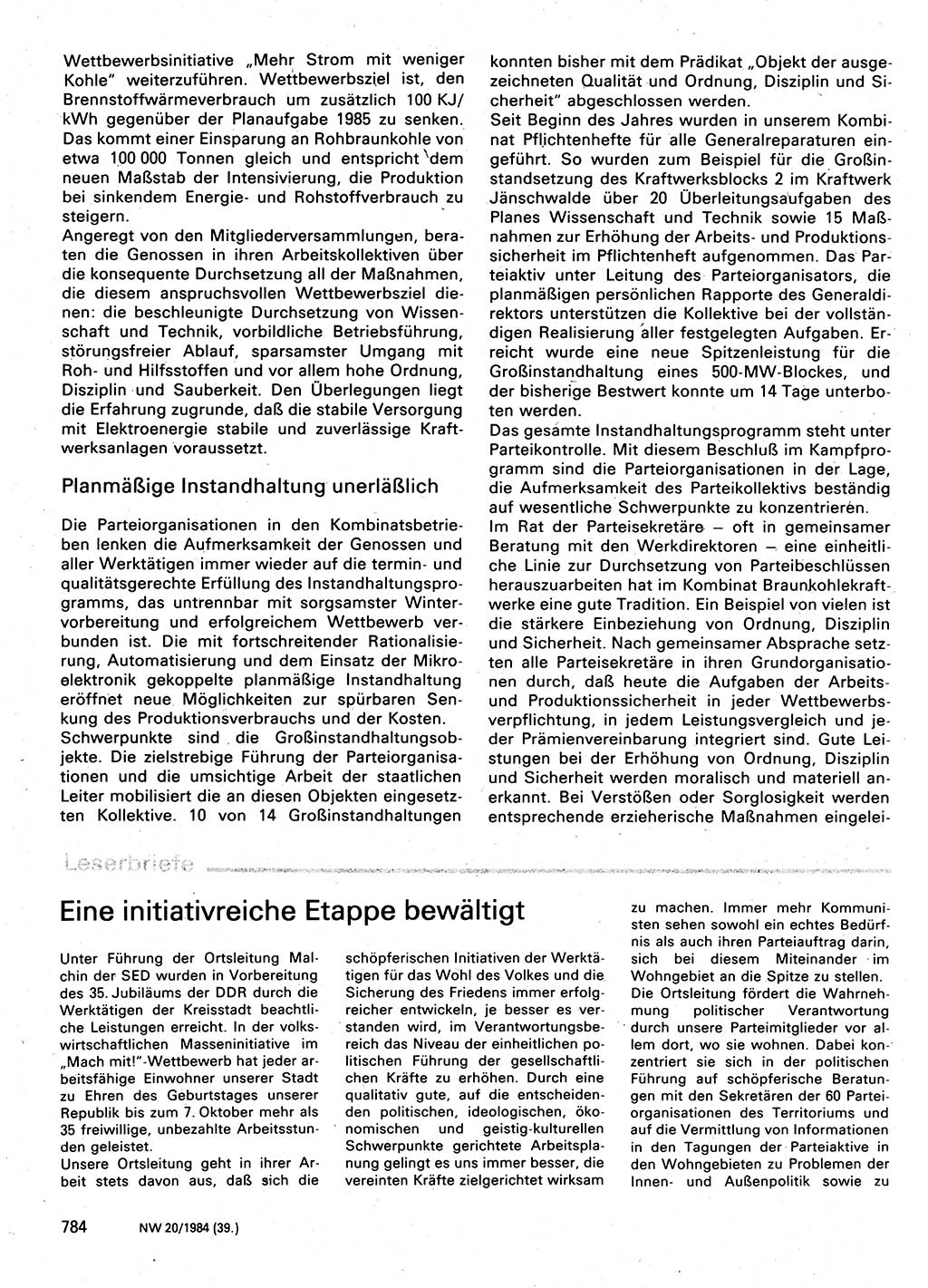 Neuer Weg (NW), Organ des Zentralkomitees (ZK) der SED (Sozialistische Einheitspartei Deutschlands) für Fragen des Parteilebens, 39. Jahrgang [Deutsche Demokratische Republik (DDR)] 1984, Seite 784 (NW ZK SED DDR 1984, S. 784)