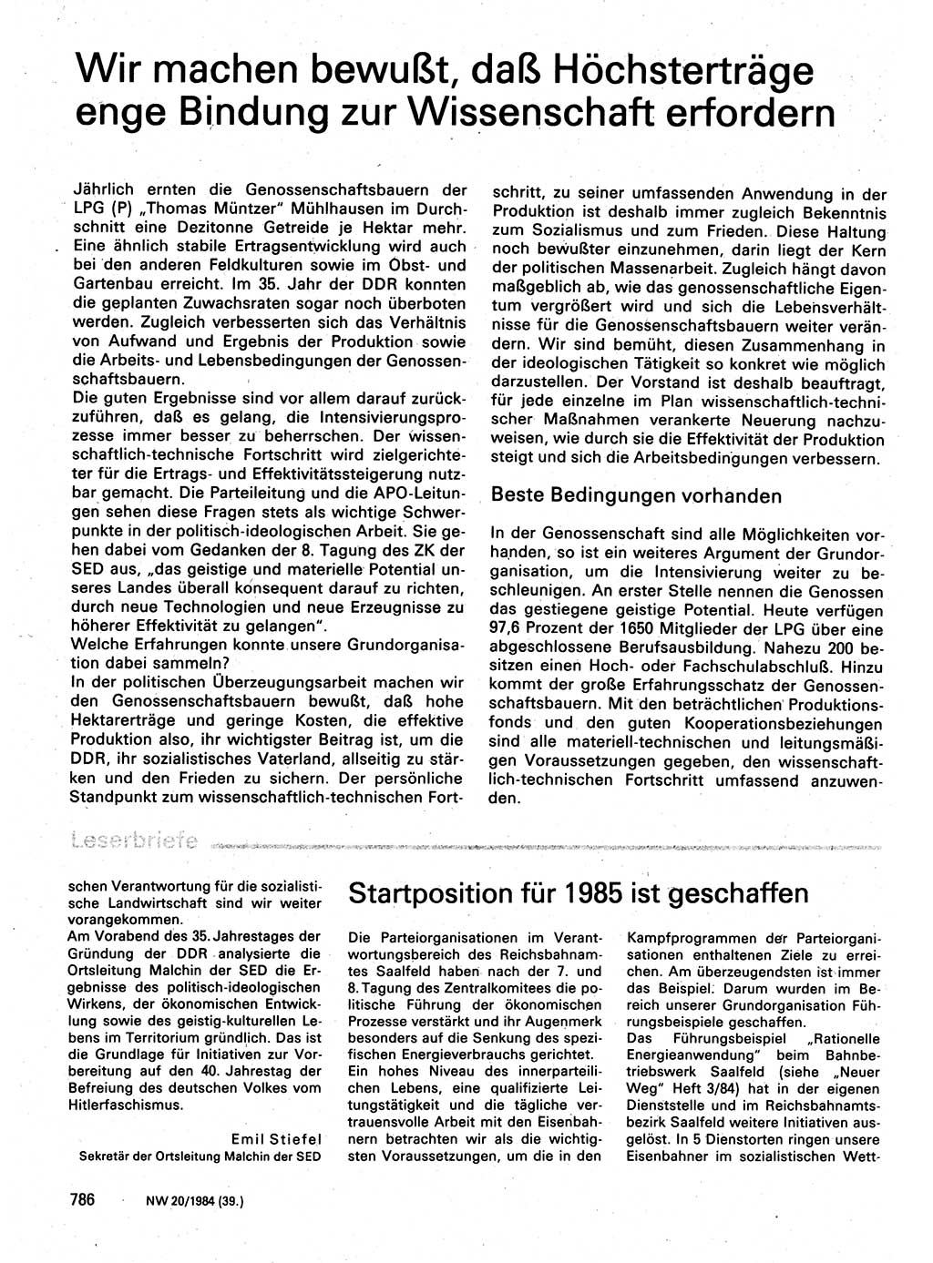 Neuer Weg (NW), Organ des Zentralkomitees (ZK) der SED (Sozialistische Einheitspartei Deutschlands) für Fragen des Parteilebens, 39. Jahrgang [Deutsche Demokratische Republik (DDR)] 1984, Seite 786 (NW ZK SED DDR 1984, S. 786)