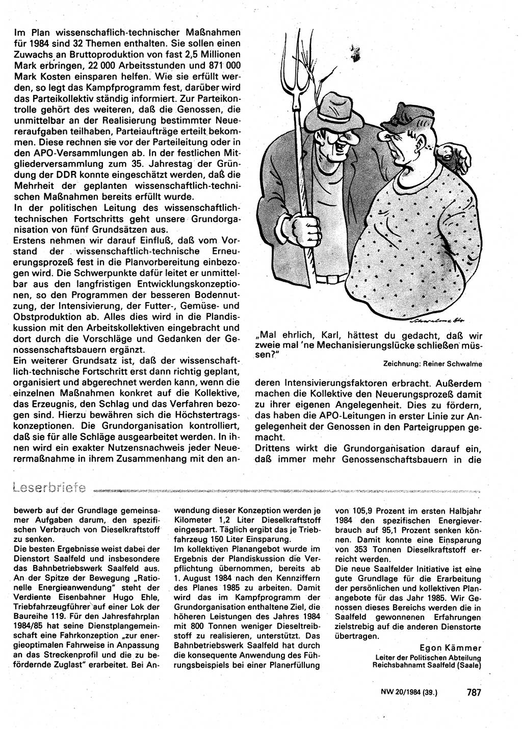 Neuer Weg (NW), Organ des Zentralkomitees (ZK) der SED (Sozialistische Einheitspartei Deutschlands) für Fragen des Parteilebens, 39. Jahrgang [Deutsche Demokratische Republik (DDR)] 1984, Seite 787 (NW ZK SED DDR 1984, S. 787)