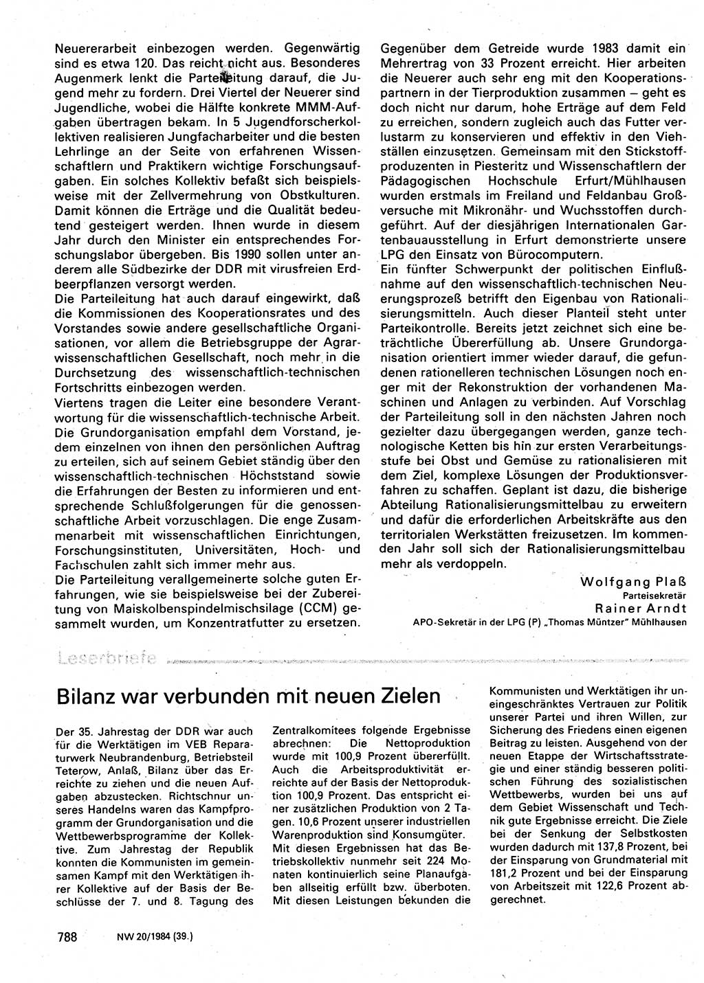 Neuer Weg (NW), Organ des Zentralkomitees (ZK) der SED (Sozialistische Einheitspartei Deutschlands) für Fragen des Parteilebens, 39. Jahrgang [Deutsche Demokratische Republik (DDR)] 1984, Seite 788 (NW ZK SED DDR 1984, S. 788)