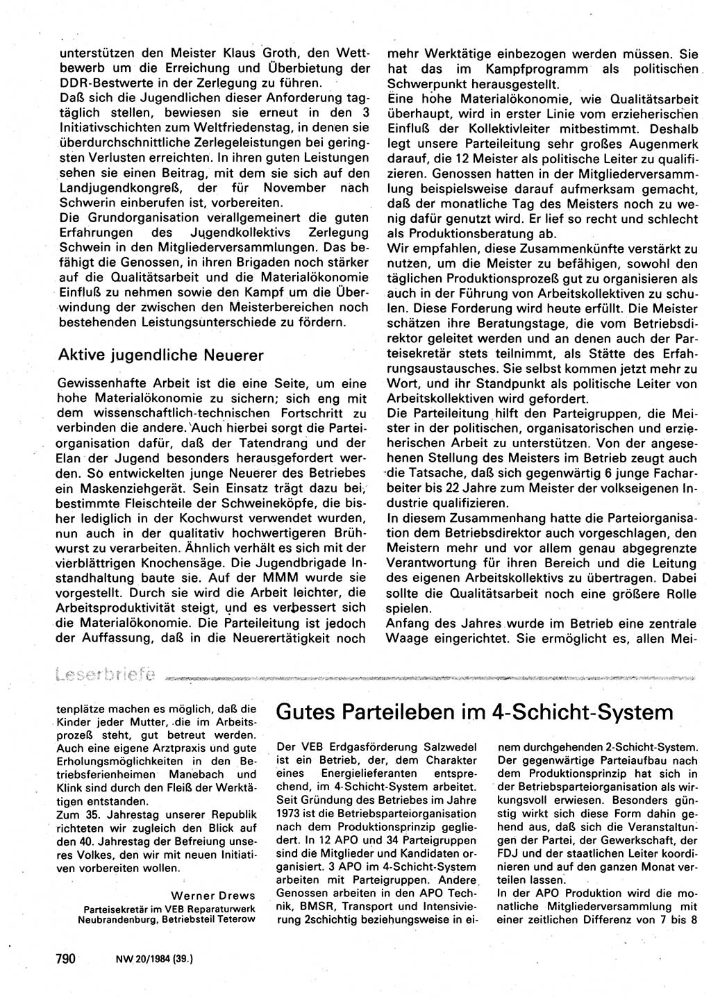 Neuer Weg (NW), Organ des Zentralkomitees (ZK) der SED (Sozialistische Einheitspartei Deutschlands) für Fragen des Parteilebens, 39. Jahrgang [Deutsche Demokratische Republik (DDR)] 1984, Seite 790 (NW ZK SED DDR 1984, S. 790)