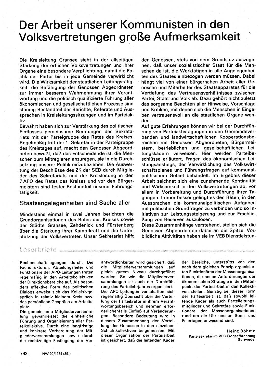 Neuer Weg (NW), Organ des Zentralkomitees (ZK) der SED (Sozialistische Einheitspartei Deutschlands) für Fragen des Parteilebens, 39. Jahrgang [Deutsche Demokratische Republik (DDR)] 1984, Seite 792 (NW ZK SED DDR 1984, S. 792)