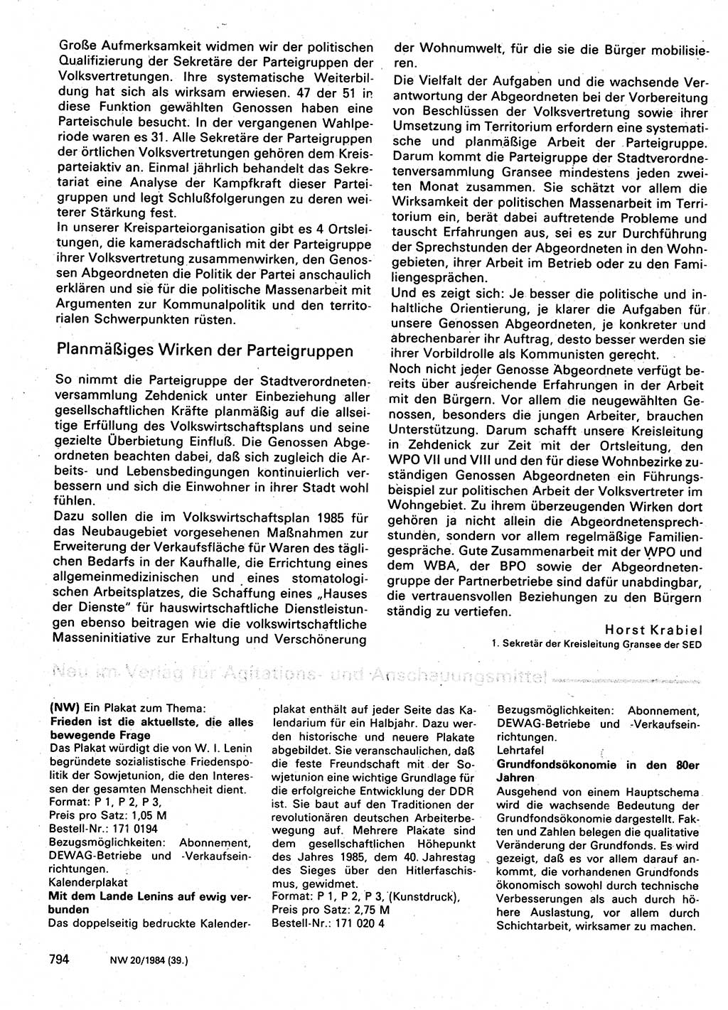 Neuer Weg (NW), Organ des Zentralkomitees (ZK) der SED (Sozialistische Einheitspartei Deutschlands) für Fragen des Parteilebens, 39. Jahrgang [Deutsche Demokratische Republik (DDR)] 1984, Seite 794 (NW ZK SED DDR 1984, S. 794)