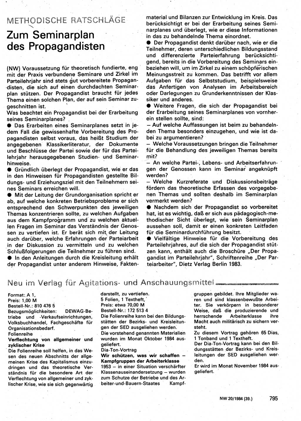 Neuer Weg (NW), Organ des Zentralkomitees (ZK) der SED (Sozialistische Einheitspartei Deutschlands) für Fragen des Parteilebens, 39. Jahrgang [Deutsche Demokratische Republik (DDR)] 1984, Seite 795 (NW ZK SED DDR 1984, S. 795)