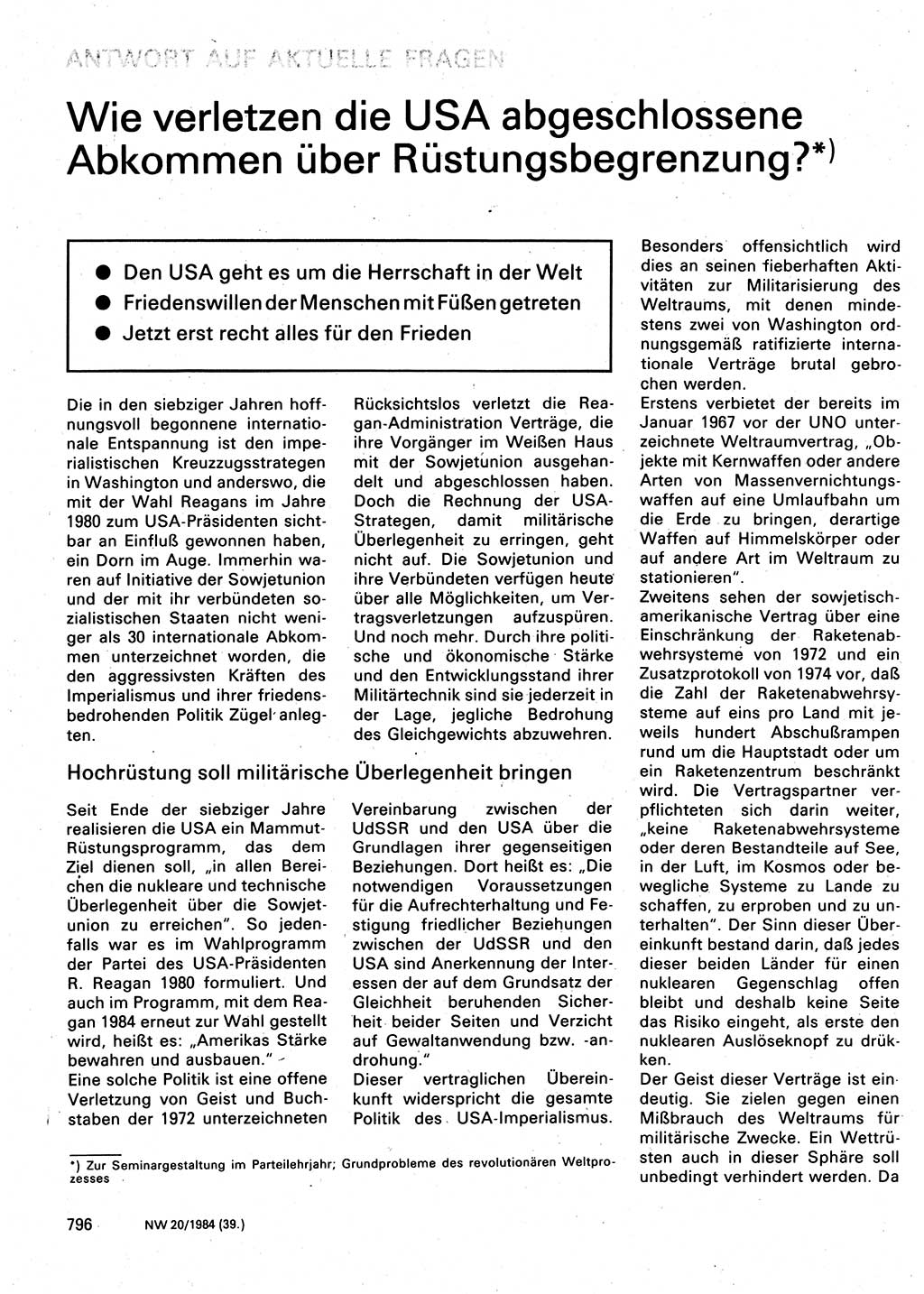 Neuer Weg (NW), Organ des Zentralkomitees (ZK) der SED (Sozialistische Einheitspartei Deutschlands) für Fragen des Parteilebens, 39. Jahrgang [Deutsche Demokratische Republik (DDR)] 1984, Seite 796 (NW ZK SED DDR 1984, S. 796)