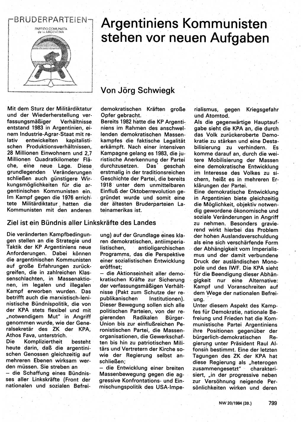 Neuer Weg (NW), Organ des Zentralkomitees (ZK) der SED (Sozialistische Einheitspartei Deutschlands) für Fragen des Parteilebens, 39. Jahrgang [Deutsche Demokratische Republik (DDR)] 1984, Seite 799 (NW ZK SED DDR 1984, S. 799)