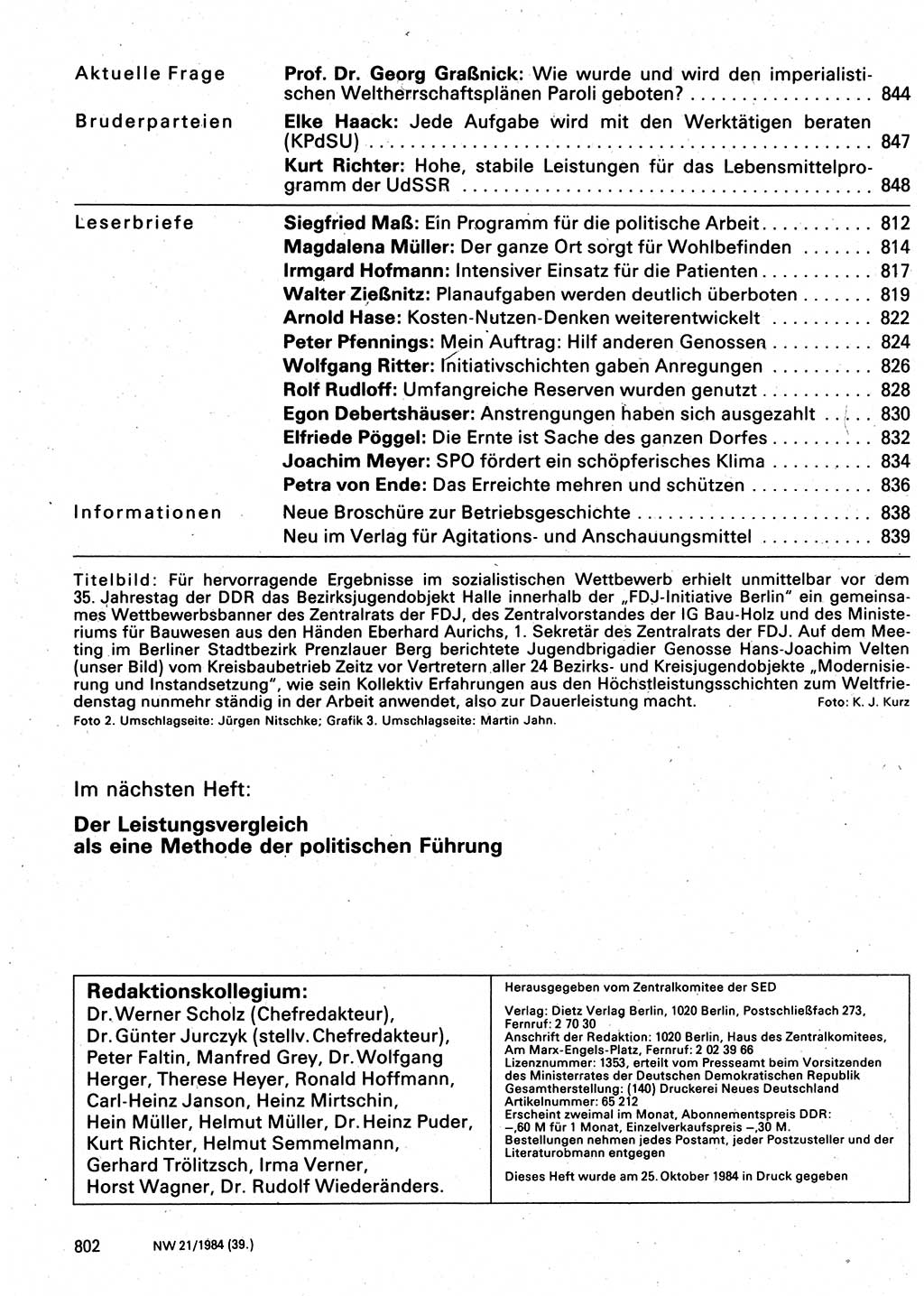 Neuer Weg (NW), Organ des Zentralkomitees (ZK) der SED (Sozialistische Einheitspartei Deutschlands) für Fragen des Parteilebens, 39. Jahrgang [Deutsche Demokratische Republik (DDR)] 1984, Seite 802 (NW ZK SED DDR 1984, S. 802)