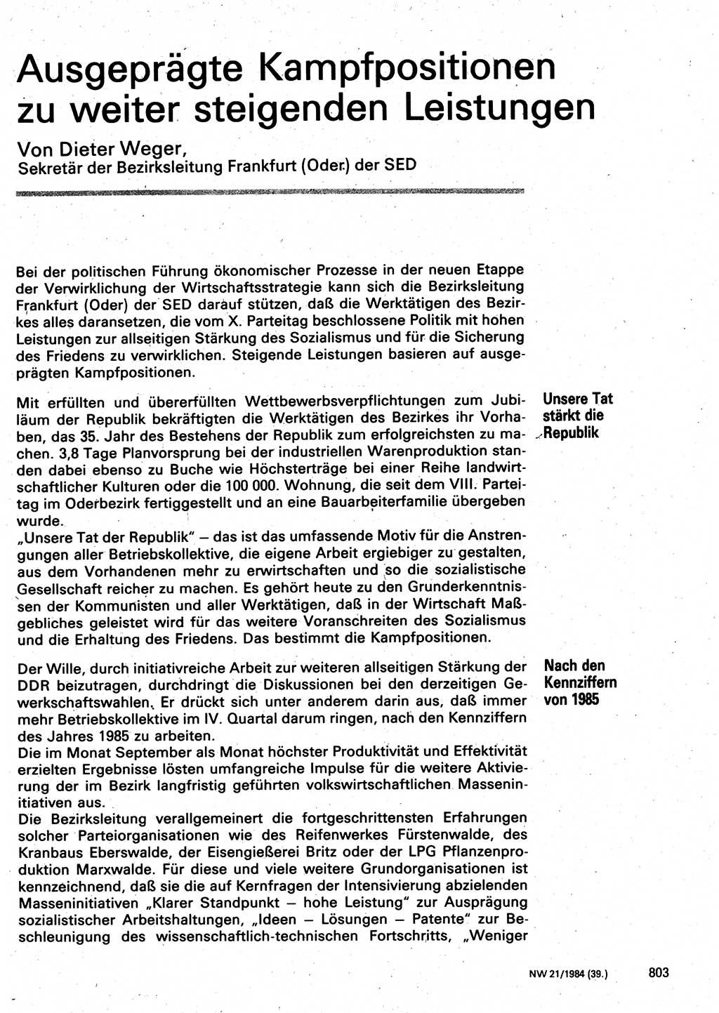 Neuer Weg (NW), Organ des Zentralkomitees (ZK) der SED (Sozialistische Einheitspartei Deutschlands) für Fragen des Parteilebens, 39. Jahrgang [Deutsche Demokratische Republik (DDR)] 1984, Seite 803 (NW ZK SED DDR 1984, S. 803)