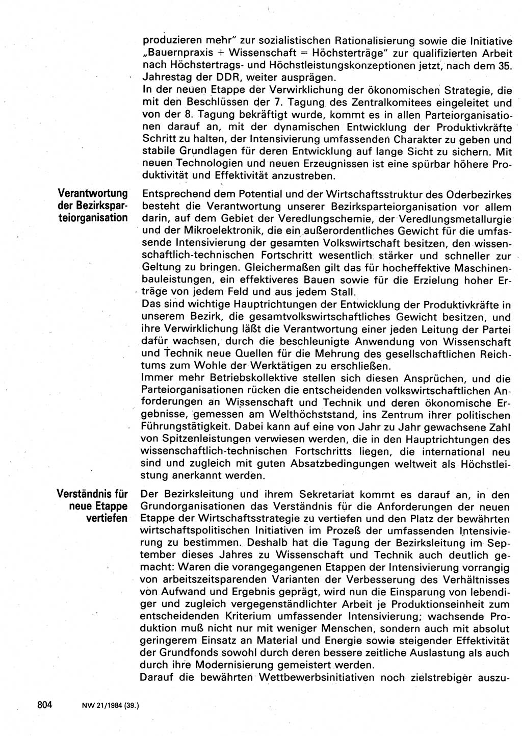 Neuer Weg (NW), Organ des Zentralkomitees (ZK) der SED (Sozialistische Einheitspartei Deutschlands) für Fragen des Parteilebens, 39. Jahrgang [Deutsche Demokratische Republik (DDR)] 1984, Seite 804 (NW ZK SED DDR 1984, S. 804)