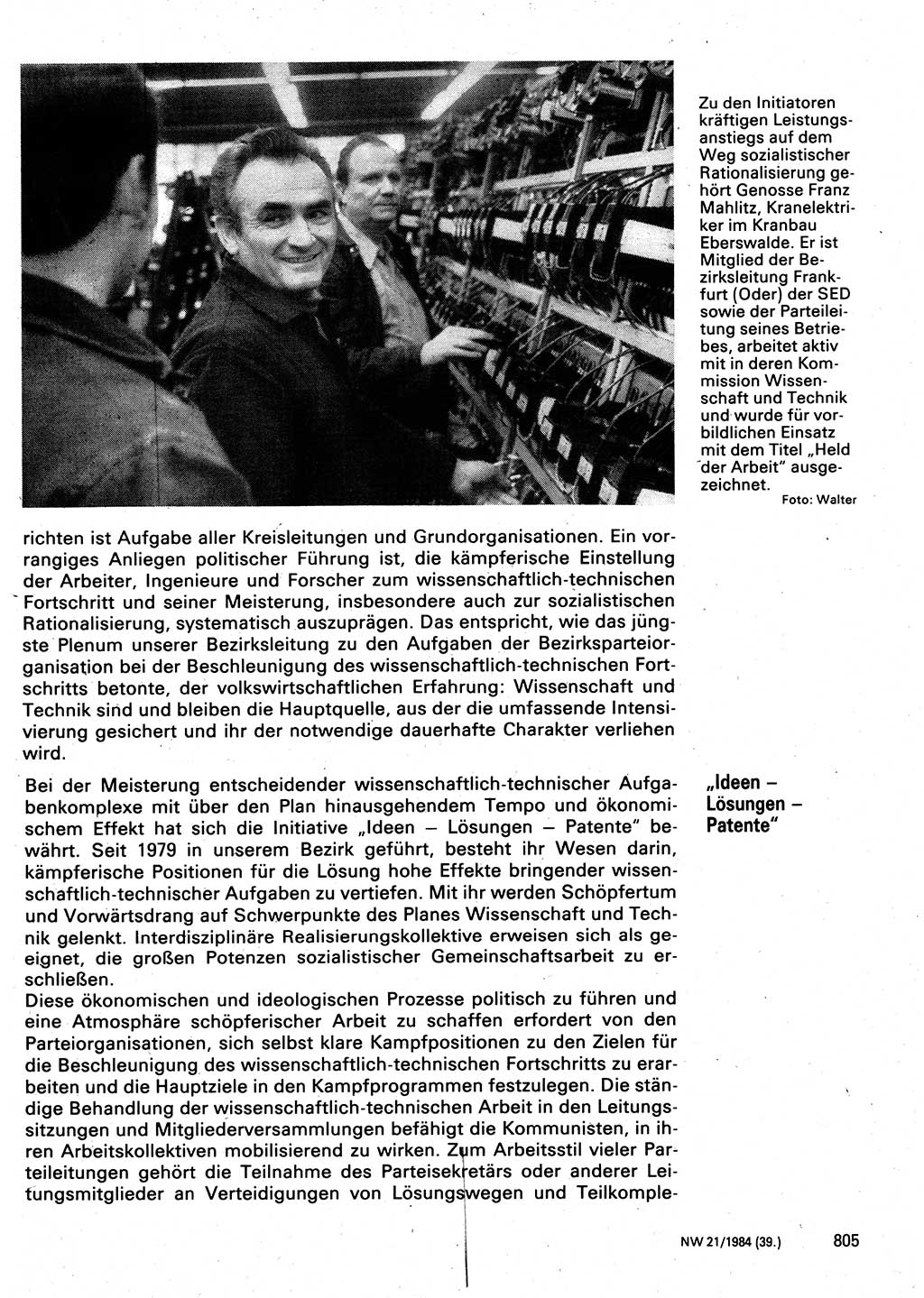 Neuer Weg (NW), Organ des Zentralkomitees (ZK) der SED (Sozialistische Einheitspartei Deutschlands) für Fragen des Parteilebens, 39. Jahrgang [Deutsche Demokratische Republik (DDR)] 1984, Seite 805 (NW ZK SED DDR 1984, S. 805)