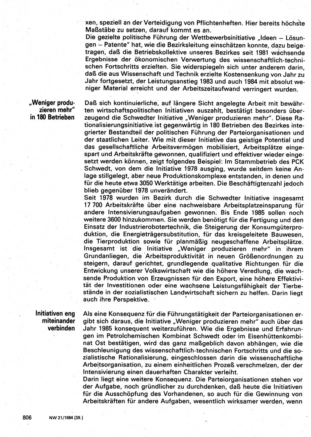 Neuer Weg (NW), Organ des Zentralkomitees (ZK) der SED (Sozialistische Einheitspartei Deutschlands) für Fragen des Parteilebens, 39. Jahrgang [Deutsche Demokratische Republik (DDR)] 1984, Seite 806 (NW ZK SED DDR 1984, S. 806)