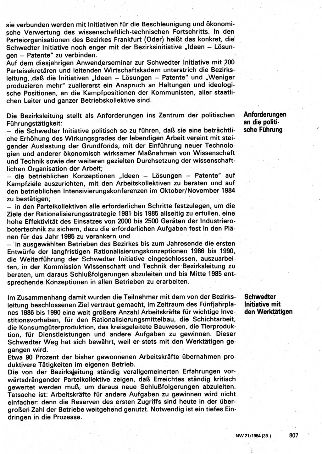 Neuer Weg (NW), Organ des Zentralkomitees (ZK) der SED (Sozialistische Einheitspartei Deutschlands) für Fragen des Parteilebens, 39. Jahrgang [Deutsche Demokratische Republik (DDR)] 1984, Seite 807 (NW ZK SED DDR 1984, S. 807)