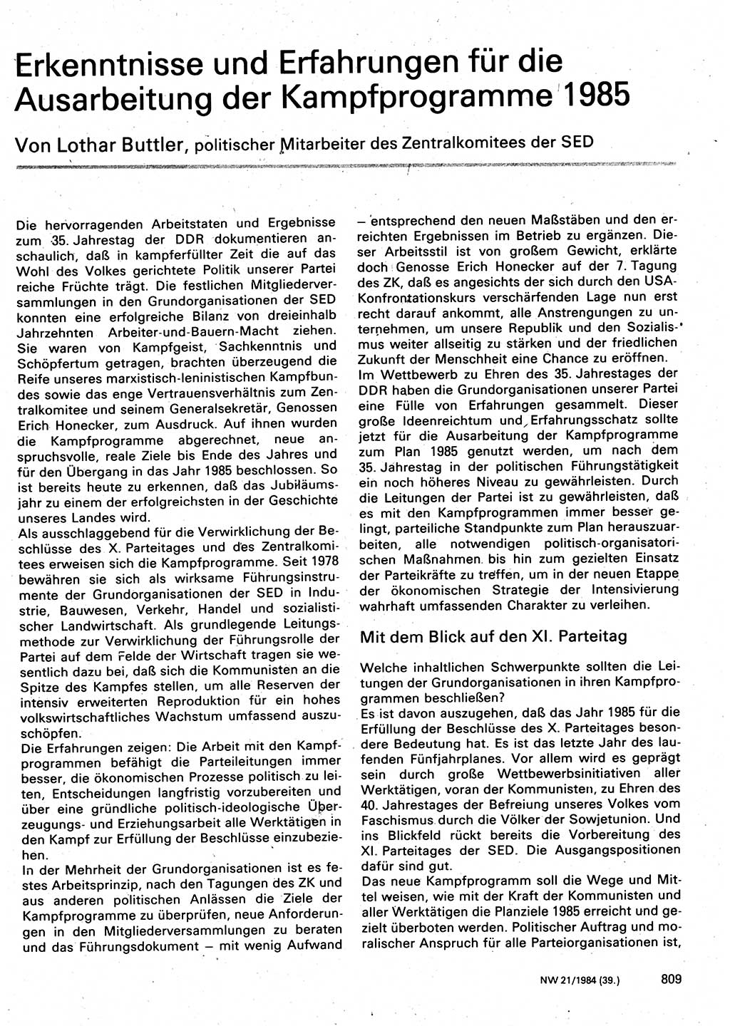 Neuer Weg (NW), Organ des Zentralkomitees (ZK) der SED (Sozialistische Einheitspartei Deutschlands) für Fragen des Parteilebens, 39. Jahrgang [Deutsche Demokratische Republik (DDR)] 1984, Seite 809 (NW ZK SED DDR 1984, S. 809)